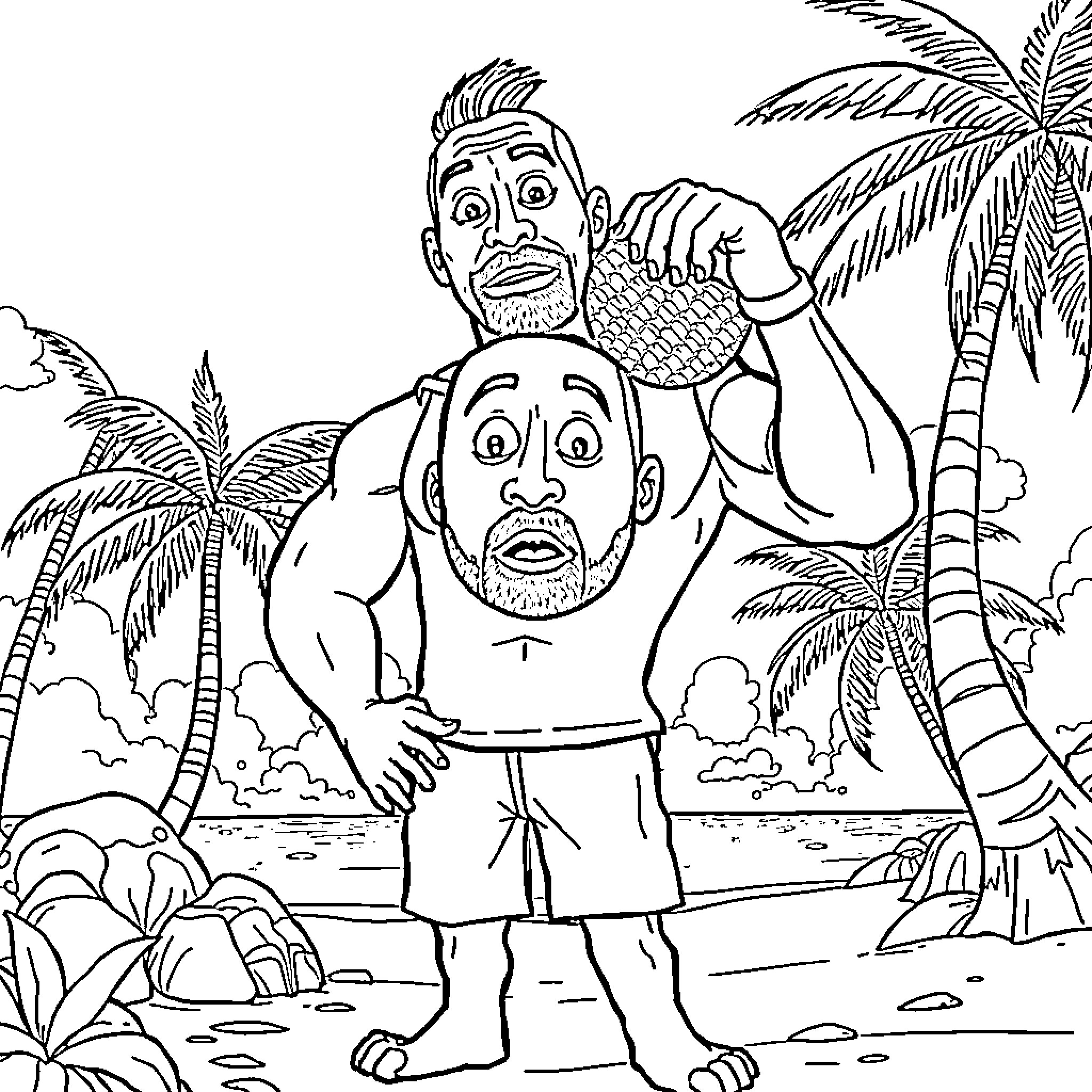 Aesop's Unlikely Fishing Companions Coloring Page (free black-and-white line drawing printable PDF for all, from beginners to advanced learners, including children, teens, adults, and seniors)