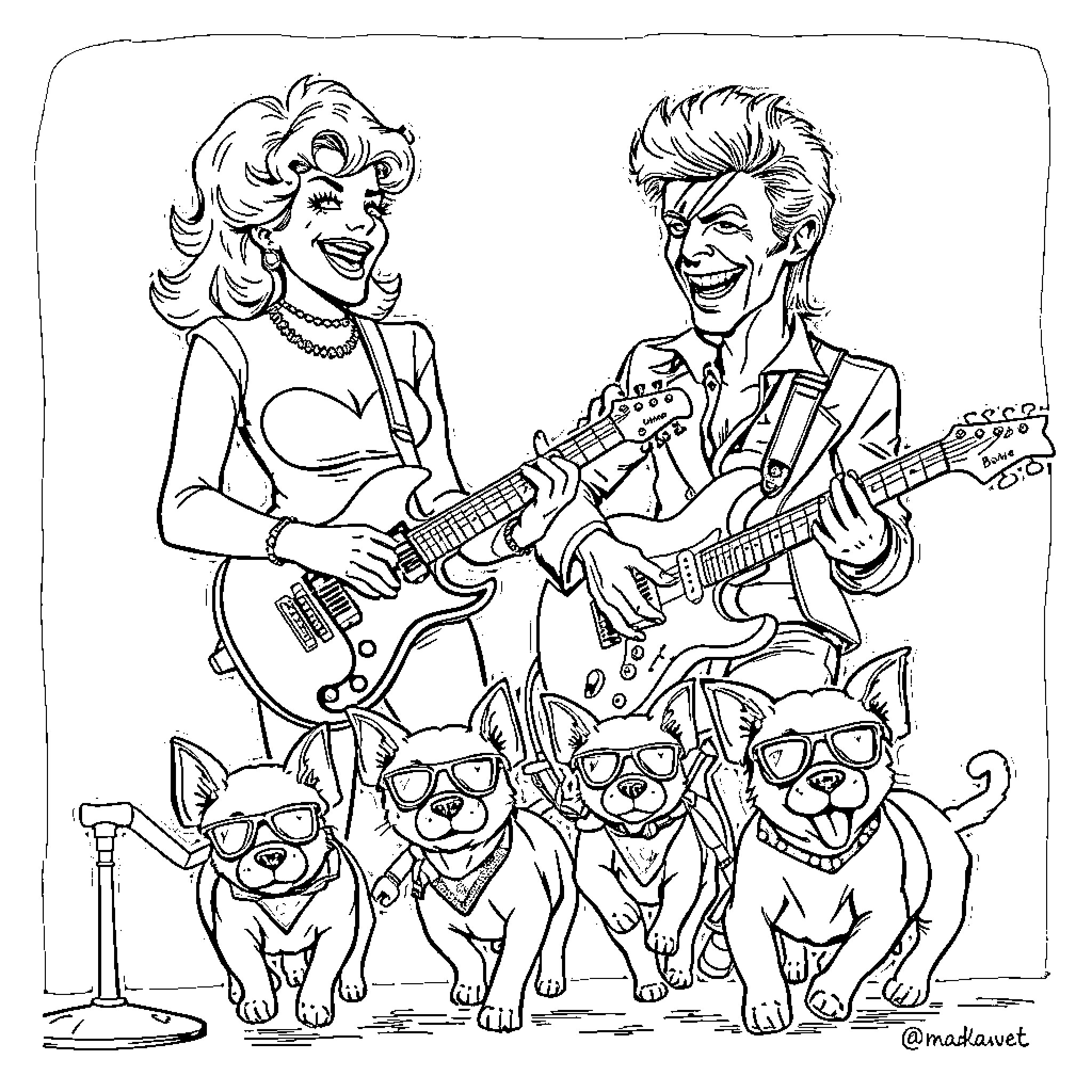 Betty White performing with her animal rock band Coloring Page (free black-and-white line drawing printable PDF for all, from beginners to advanced learners, including children, teens, adults, and seniors)