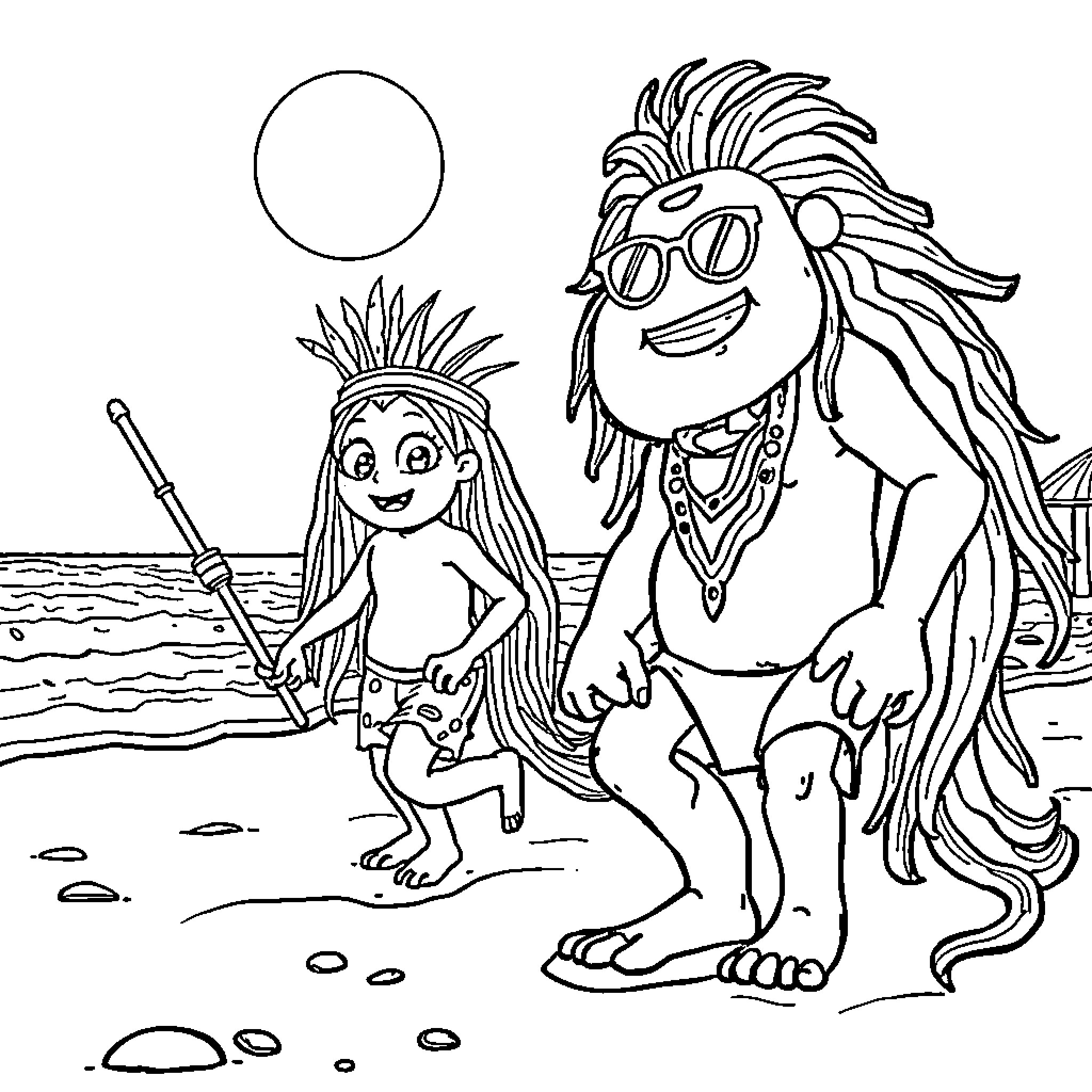 Hippo friends having fun on the beach Coloring Page (free black-and-white line drawing printable PDF for all, from beginners to advanced learners, including children, teens, adults, and seniors)