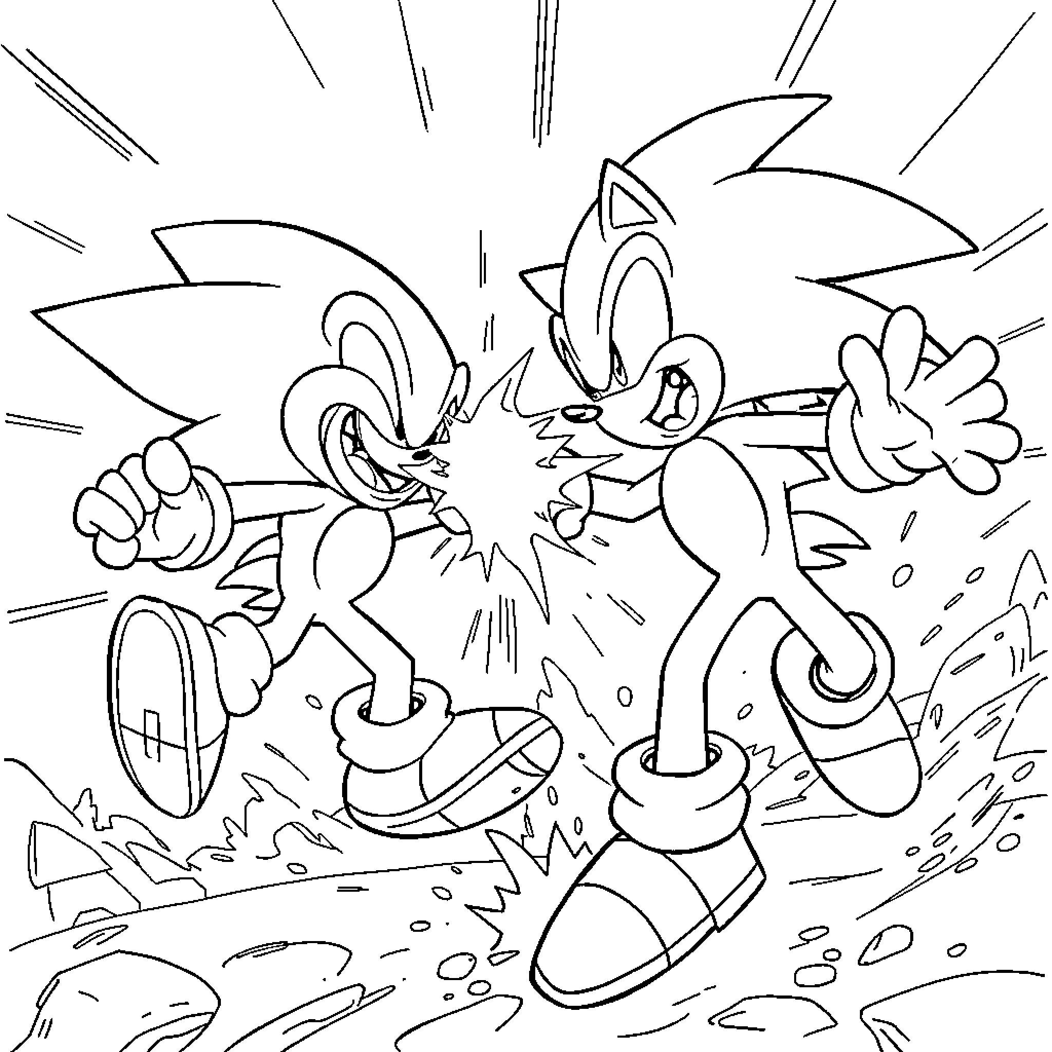 Sonic characters in action-packed scene Coloring Page (free black-and-white line drawing printable PDF for all, from beginners to advanced learners, including children, teens, adults, and seniors)