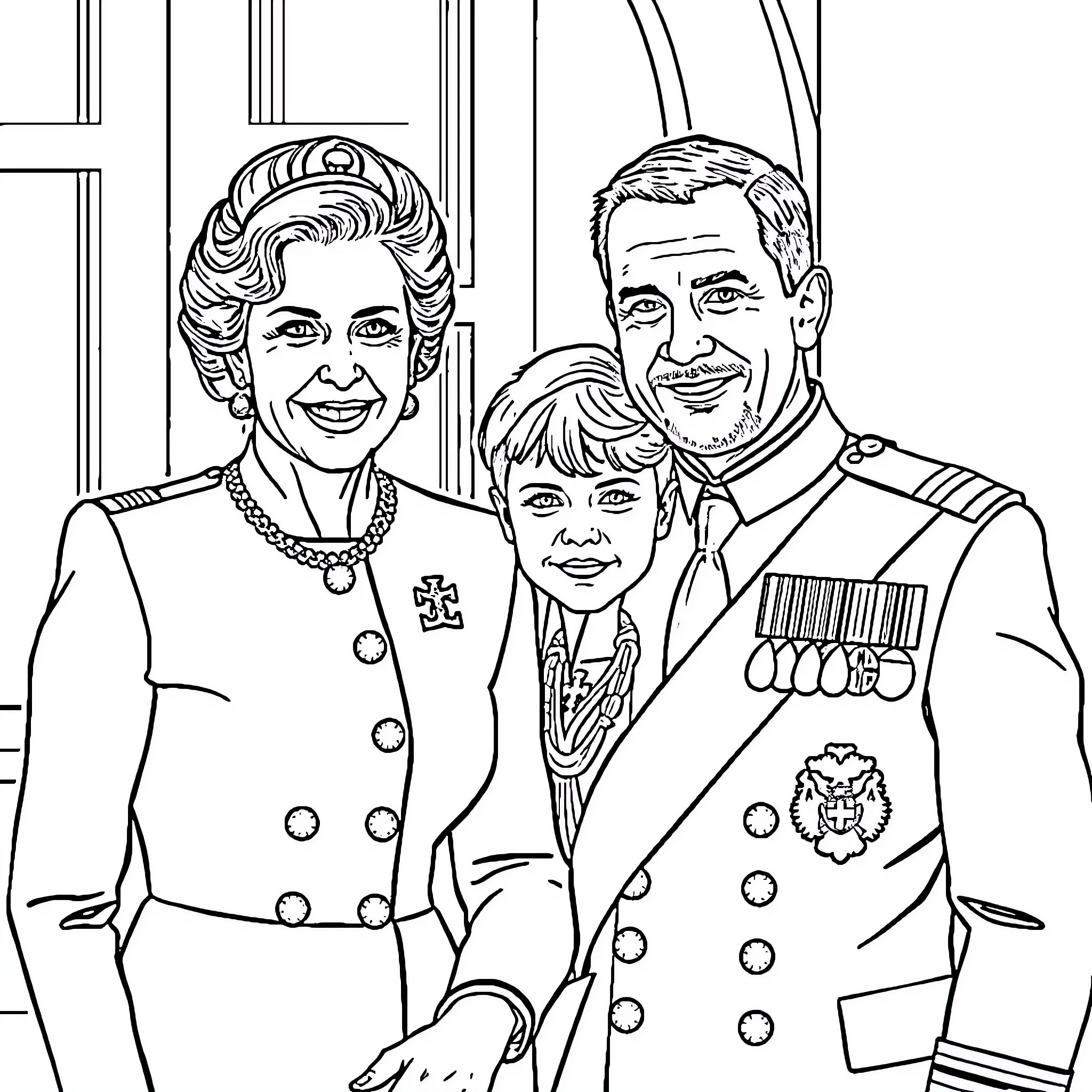 Princess and Royal Family's Formal Portrait Coloring Page (free black-and-white line drawing printable PDF for all, from beginners to advanced learners, including children, teens, adults, and seniors)