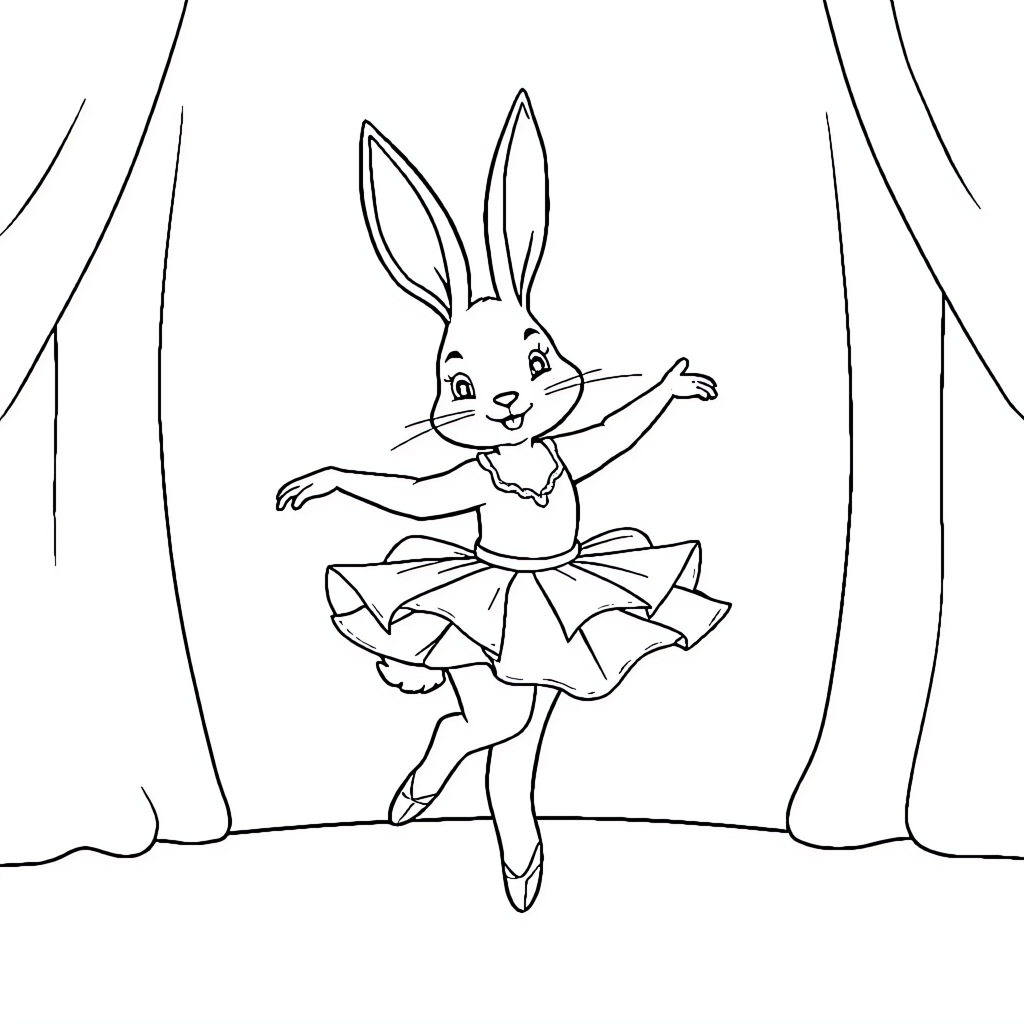 Bunny ballerina performing on stage Coloring Page (free black-and-white line drawing printable PDF for all, from beginners to advanced learners, including children, teens, adults, and seniors)