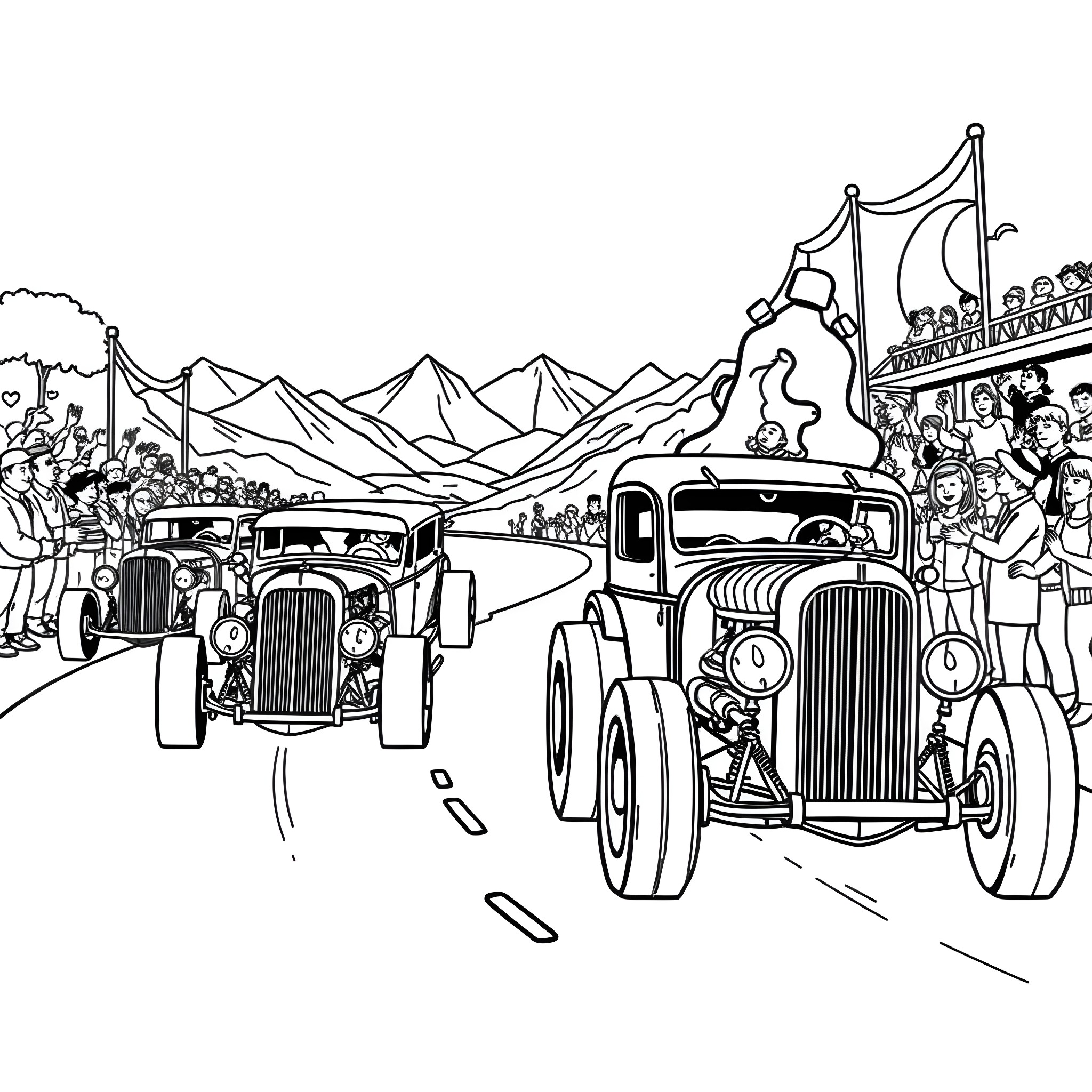 Hot Rod Racers at Mountain Festival Coloring Page (free black-and-white line drawing printable PDF for all, from beginners to advanced learners, including children, teens, adults, and seniors)