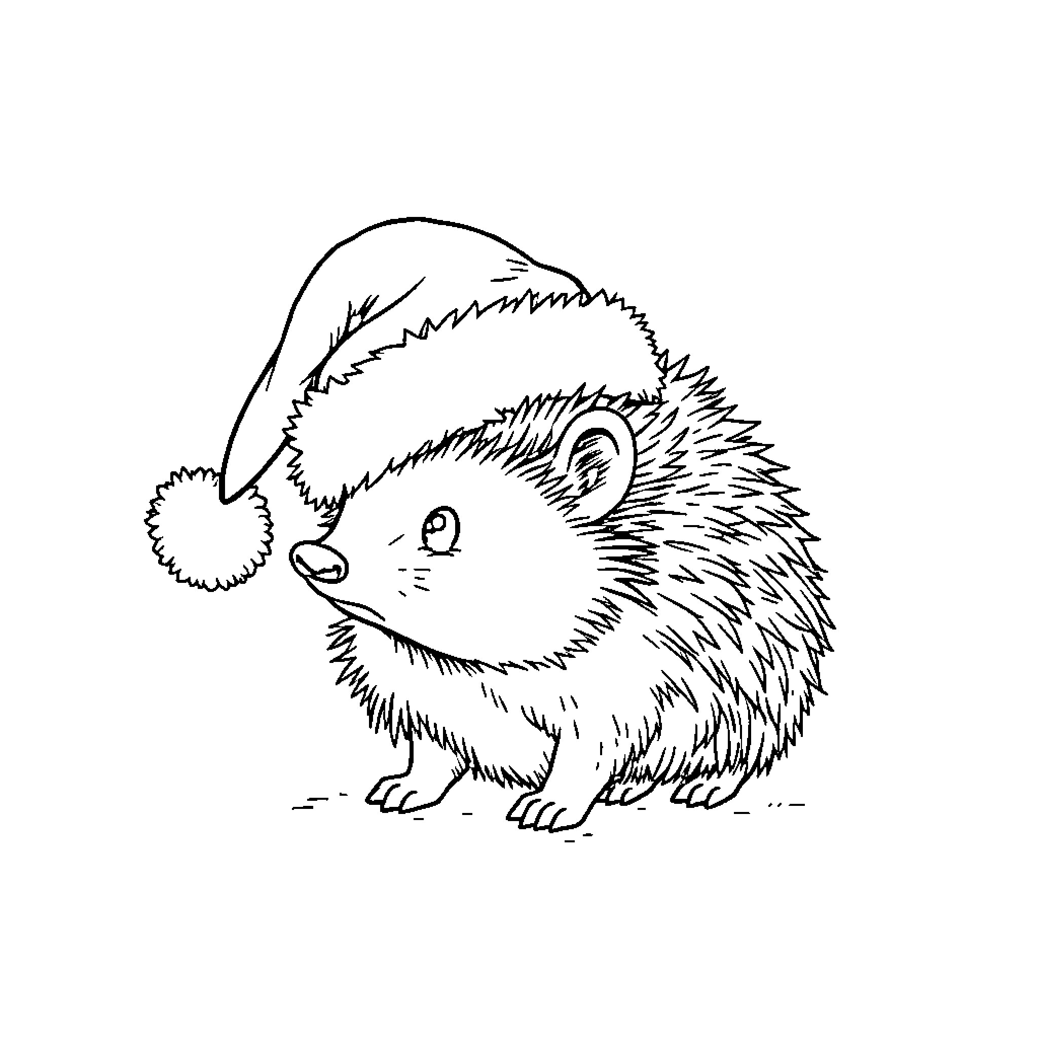 Hedgehog wearing a Santa hat Coloring Page (free black-and-white line drawing printable PDF for all, from beginners to advanced learners, including children, teens, adults, and seniors)