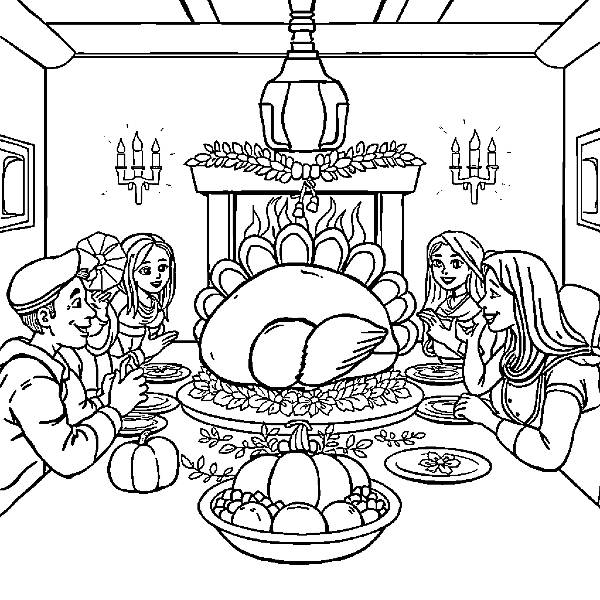Thanksgiving Feast with Family and Friends Coloring Page (free black-and-white line drawing printable PDF for all, from beginners to advanced learners, including children, teens, adults, and seniors)