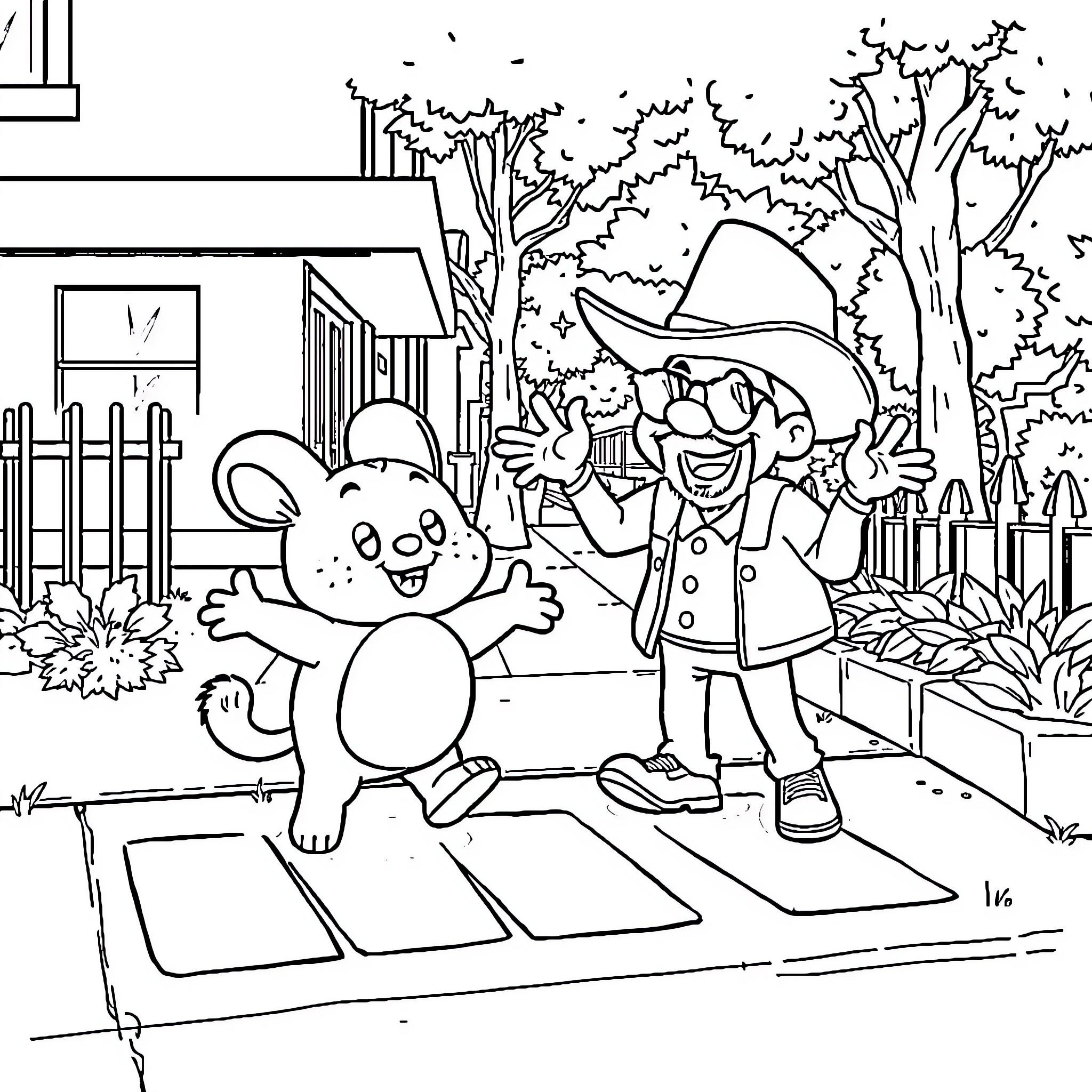 Cinnamoroll exploring the countryside with a cowboy friend Coloring Page (free black-and-white line drawing printable PDF for all, from beginners to advanced learners, including children, teens, adults, and seniors)
