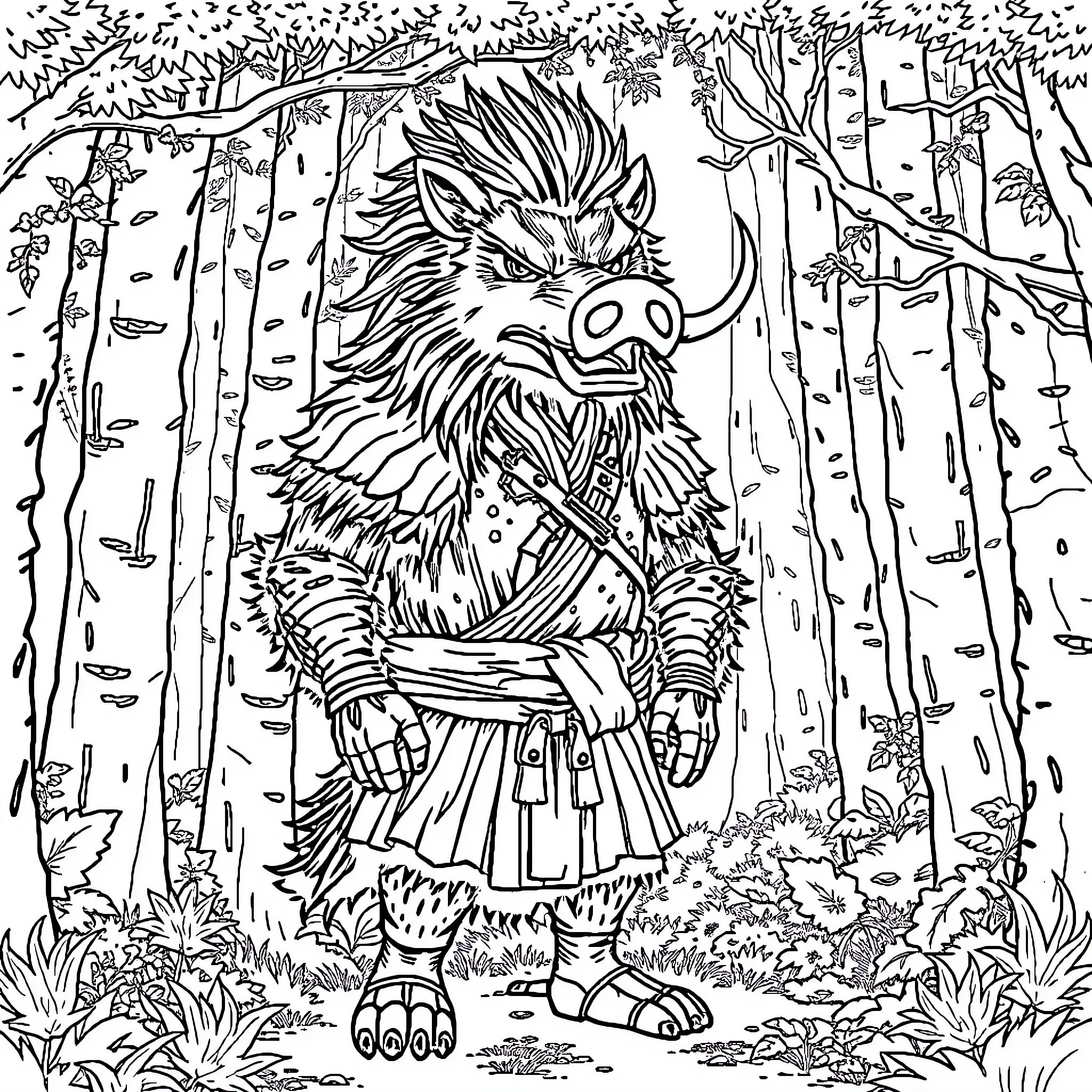 Inosuke in the Mysterious Forest Coloring Page (free black-and-white line drawing printable PDF for all, from beginners to advanced learners, including children, teens, adults, and seniors)