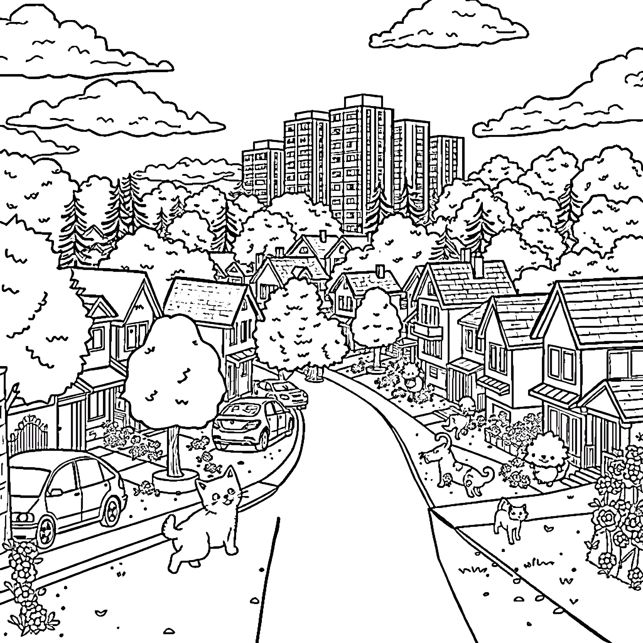 House in a Suburban Neighborhood with City Skyline Coloring Page (free black-and-white line drawing printable PDF for all, from beginners to advanced learners, including children, teens, adults, and seniors)