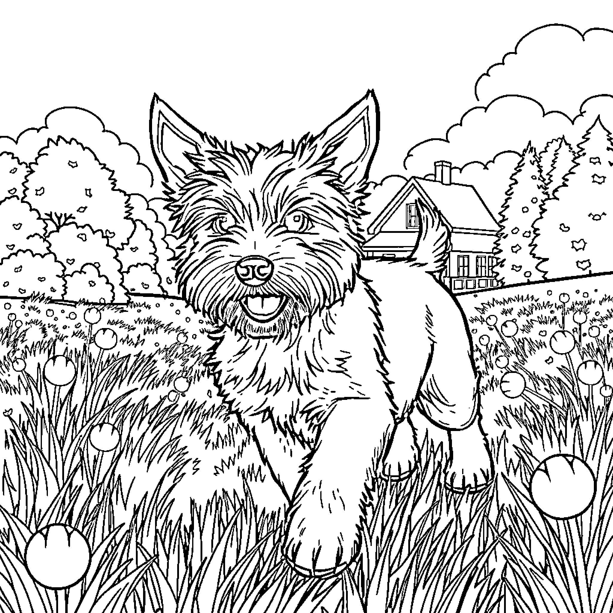 Terrier playing joyfully in the countryside Coloring Page (free black-and-white line drawing printable PDF for all, from beginners to advanced learners, including children, teens, adults, and seniors)