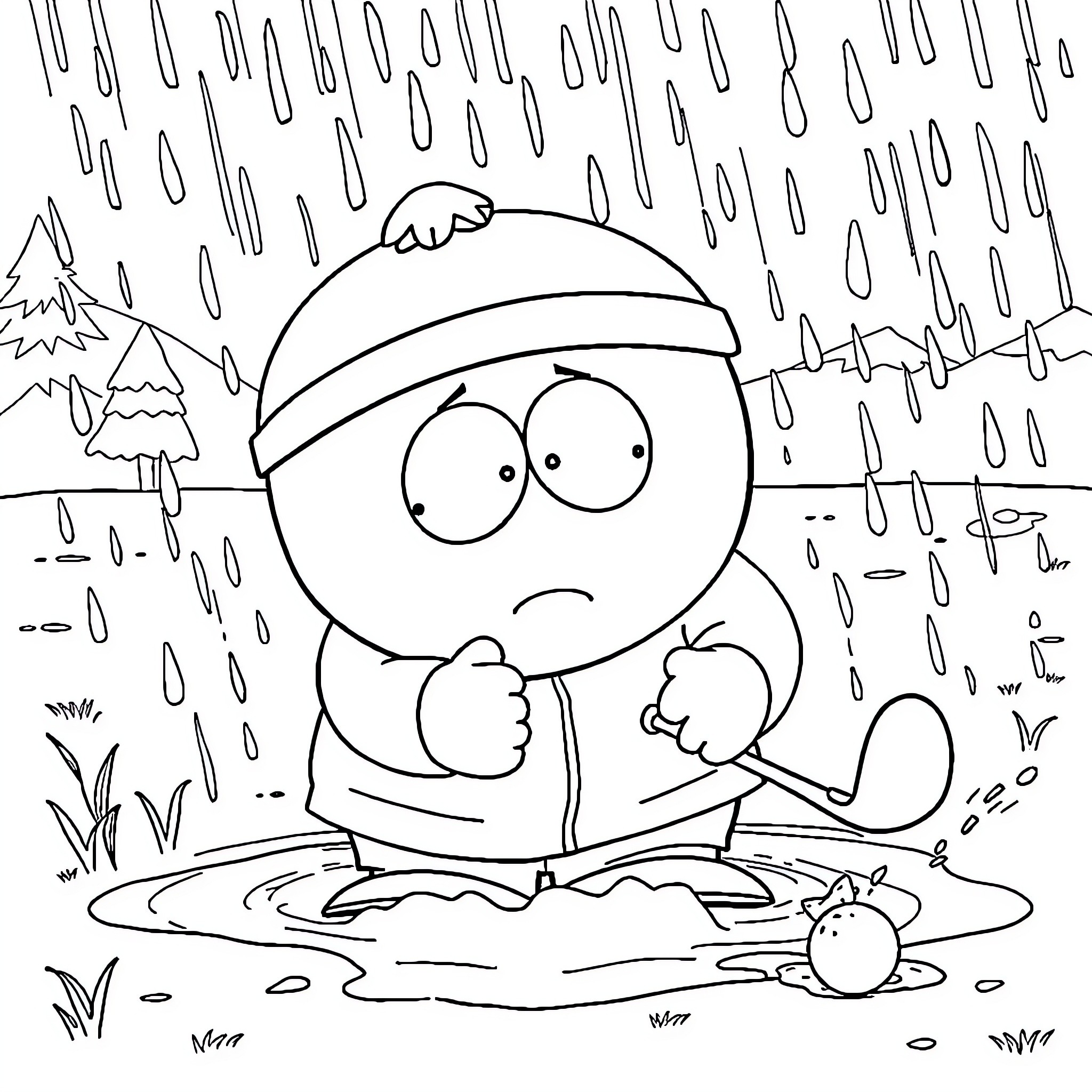 Cartman sitting sadly in the rain Coloring Page (free black-and-white line drawing printable PDF for all, from beginners to advanced learners, including children, teens, adults, and seniors)