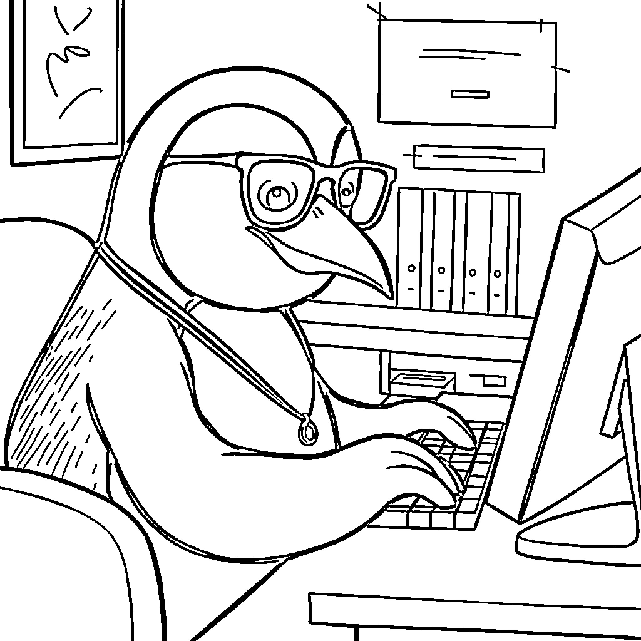 Emperor Penguin Working at a Computer Coloring Page (free black-and-white line drawing printable PDF for all, from beginners to advanced learners, including children, teens, adults, and seniors)