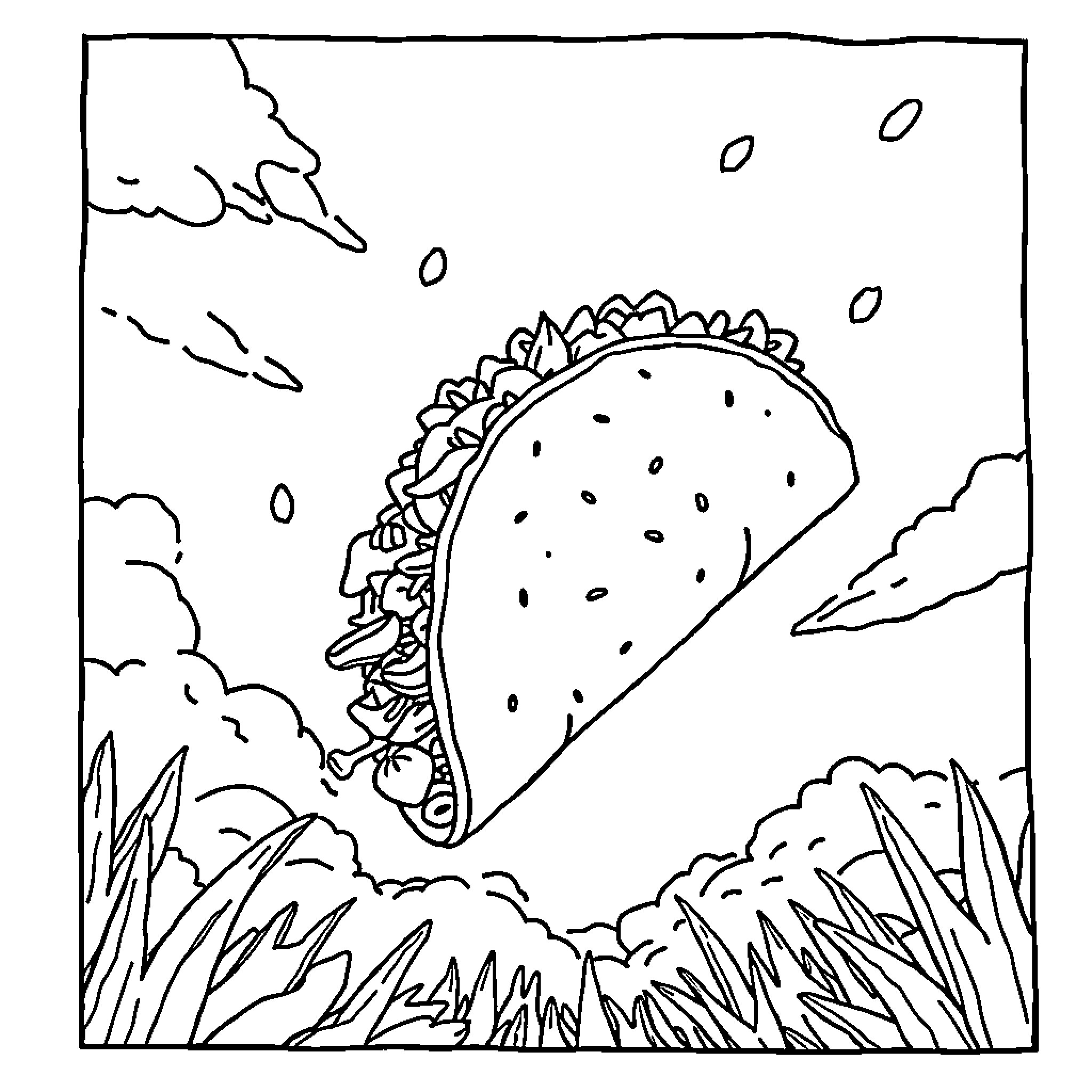 Taco flying in the sky Coloring Page (free black-and-white line drawing printable PDF for all, from beginners to advanced learners, including children, teens, adults, and seniors)