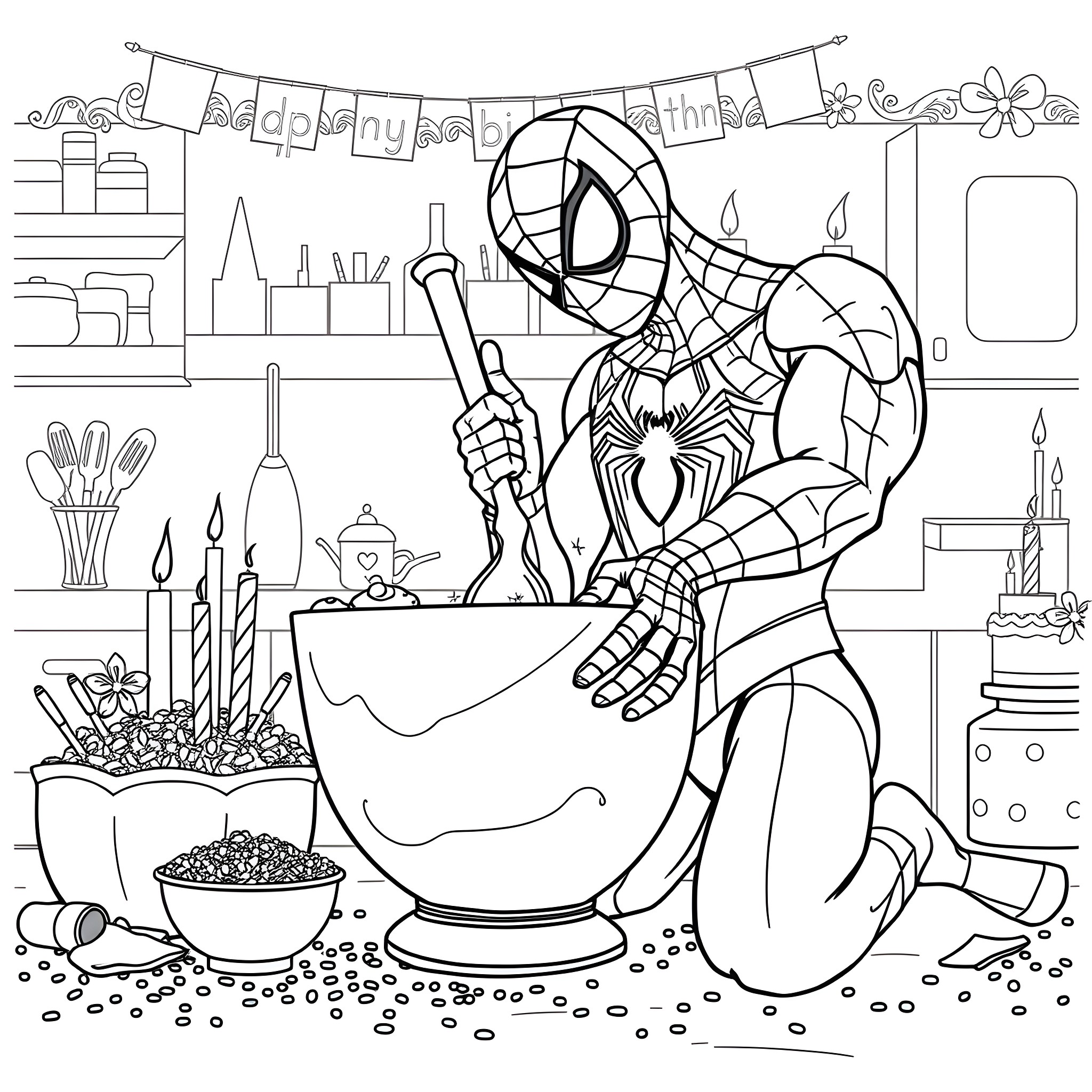 Spiderman preparing a birthday surprise Coloring Page (free black-and-white line drawing printable PDF for all, from beginners to advanced learners, including children, teens, adults, and seniors)