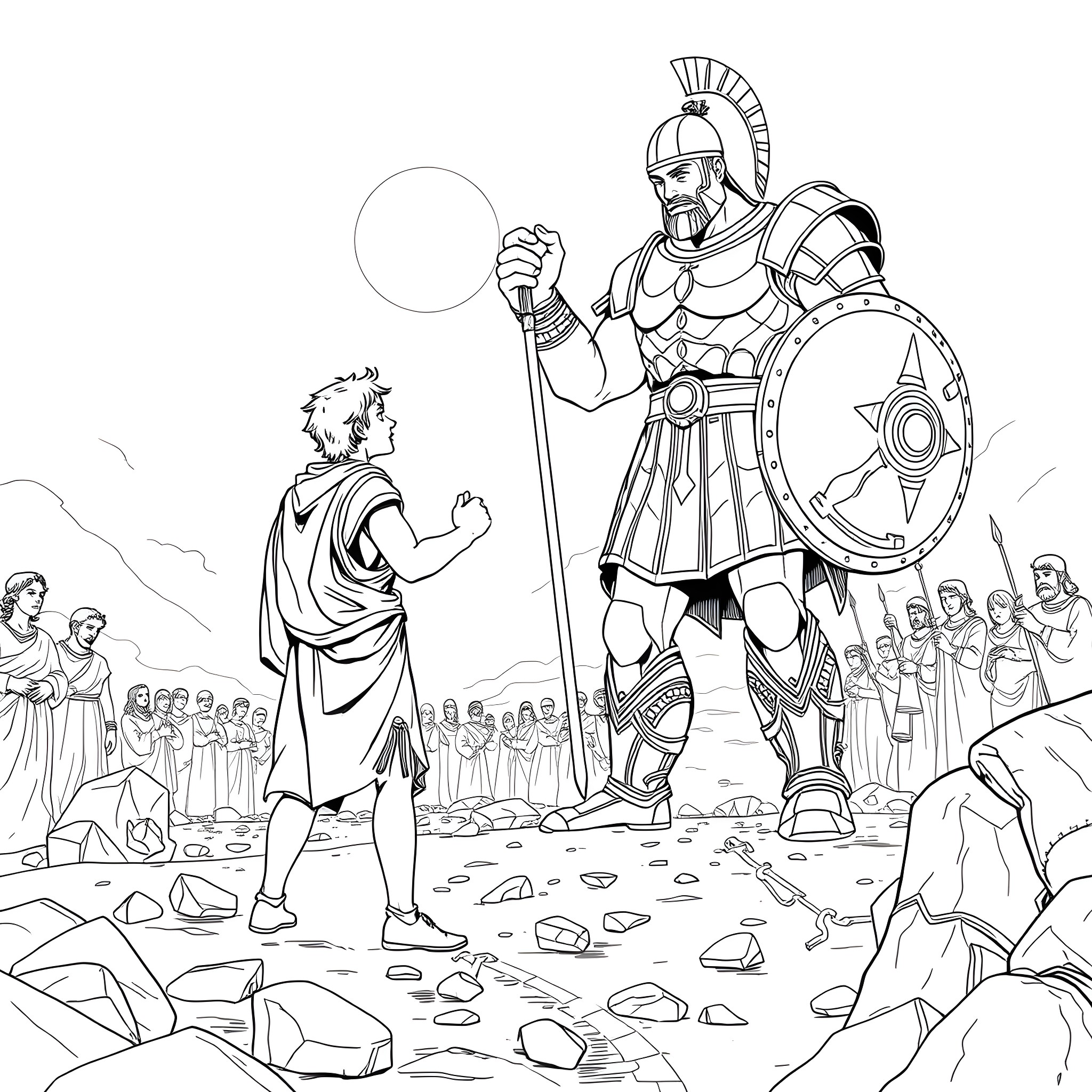 David and Goliath's epic battle of the underdog Coloring Page (free black-and-white line drawing printable PDF for all, from beginners to advanced learners, including children, teens, adults, and seniors)