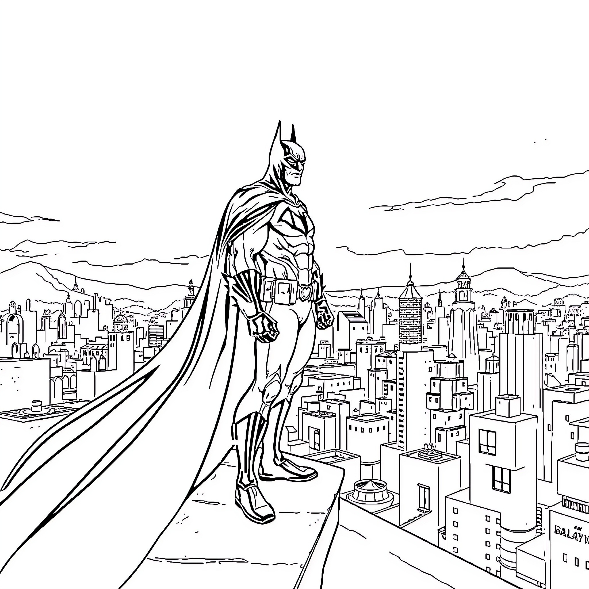 Batman overlooking the city skyline Coloring Page (free black-and-white line drawing printable PDF for all, from beginners to advanced learners, including children, teens, adults, and seniors)