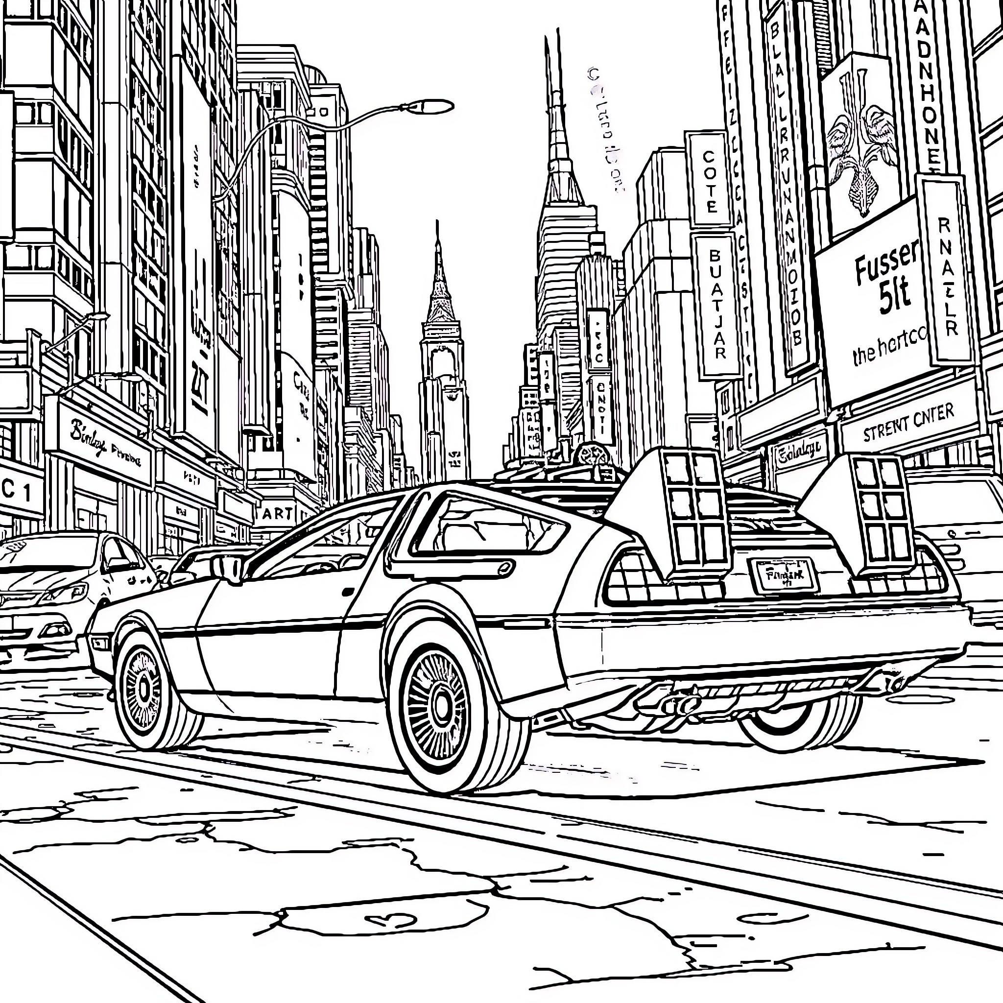 DeLorean car in a bustling city street scene Coloring Page (free black-and-white line drawing printable PDF for all, from beginners to advanced learners, including children, teens, adults, and seniors)