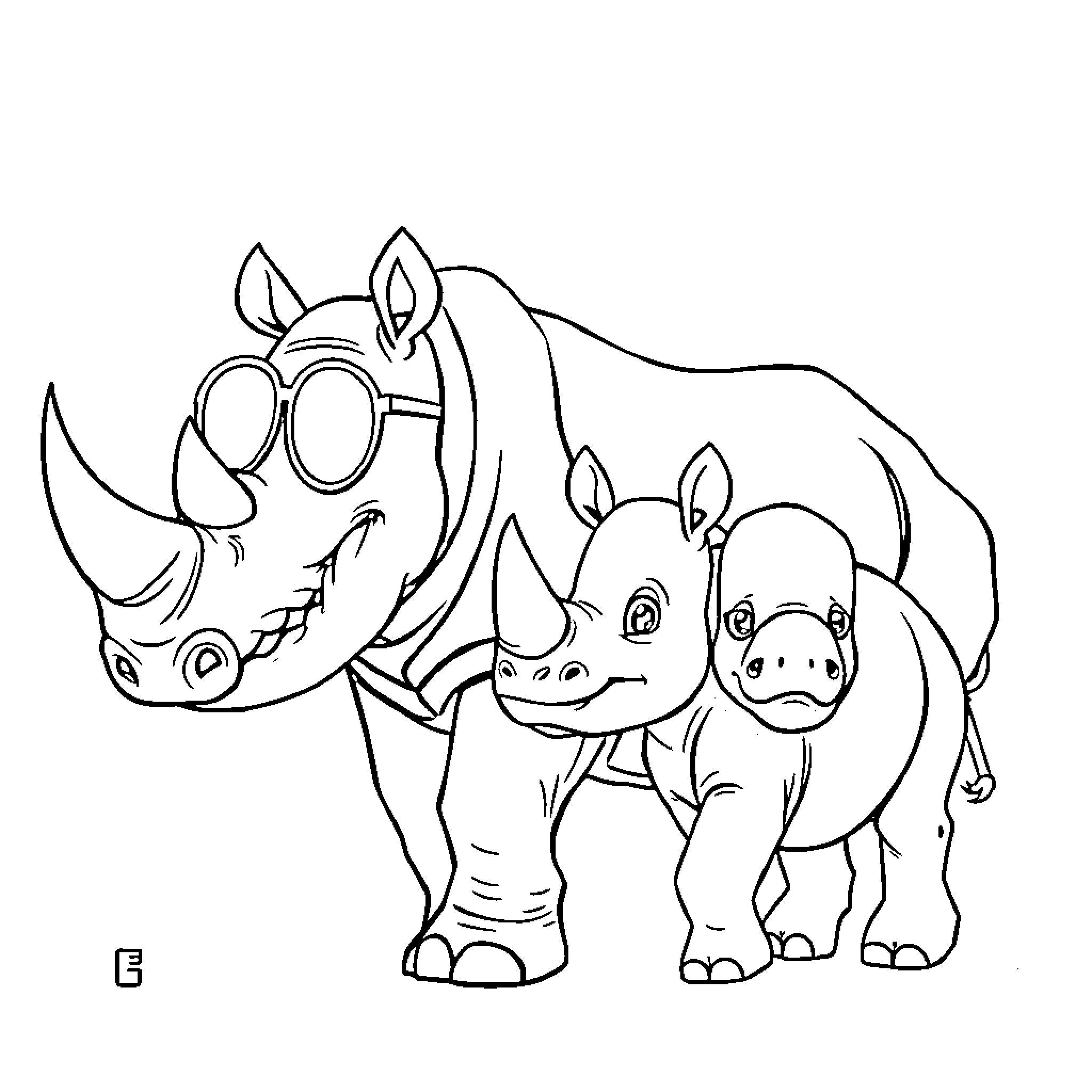 Rhinoceros family in playful scene Coloring Page (free black-and-white line drawing printable PDF for all, from beginners to advanced learners, including children, teens, adults, and seniors)