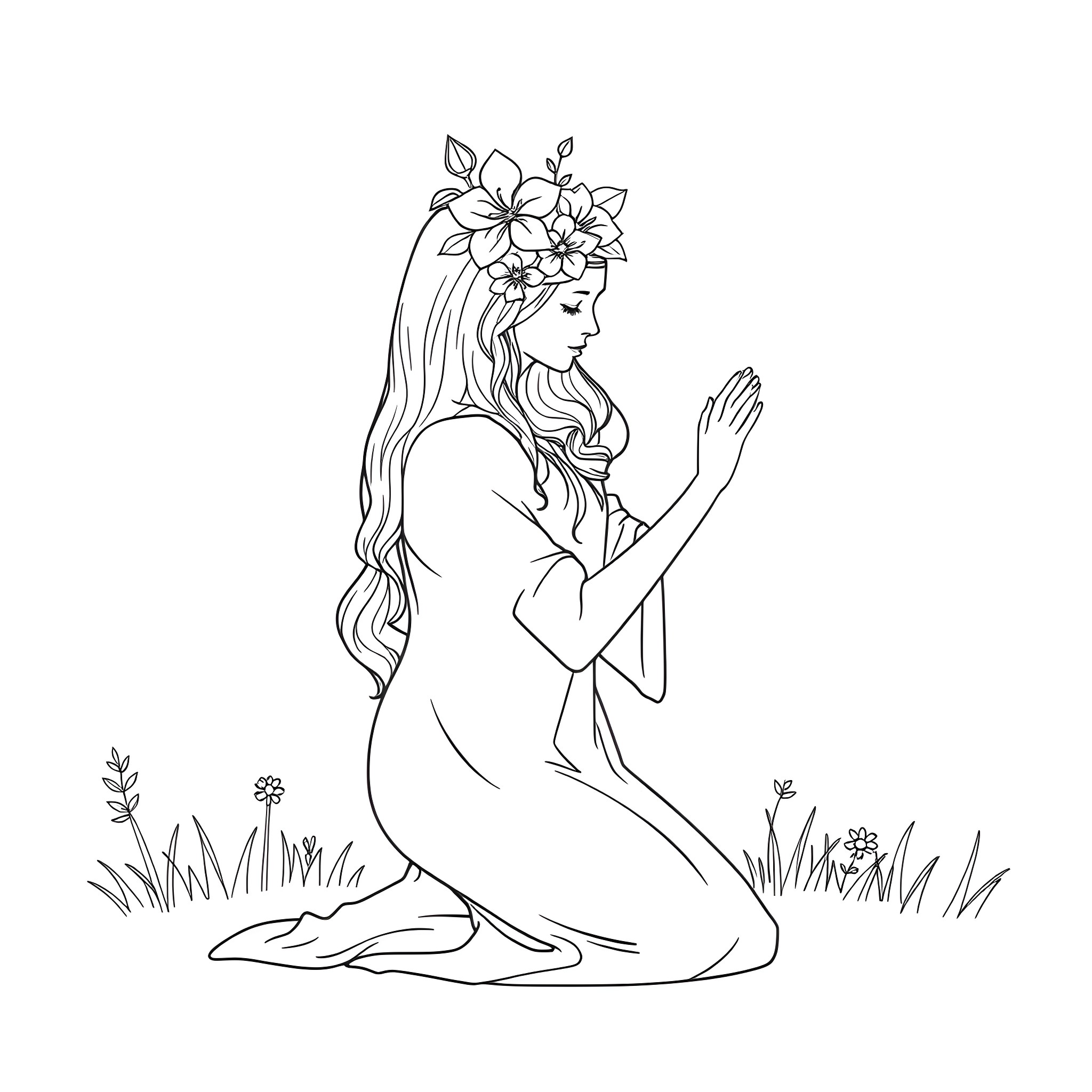 Mother Nature's Gentle Embrace Coloring Page (free black-and-white line drawing printable PDF for all, from beginners to advanced learners, including children, teens, adults, and seniors)