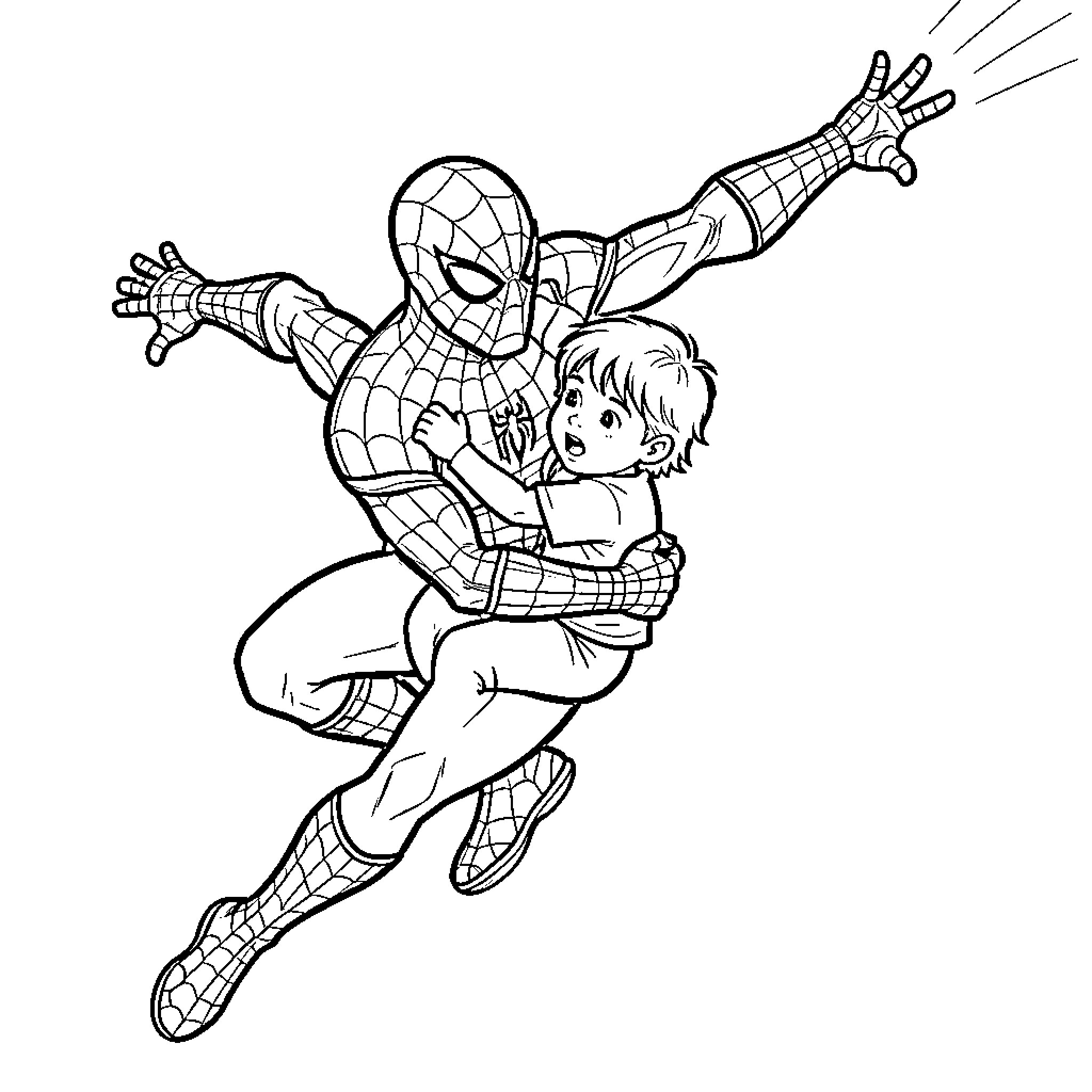 Spiderman heroically rescuing a young child in mid-air Coloring Page (free black-and-white line drawing printable PDF for all, from beginners to advanced learners, including children, teens, adults, and seniors)