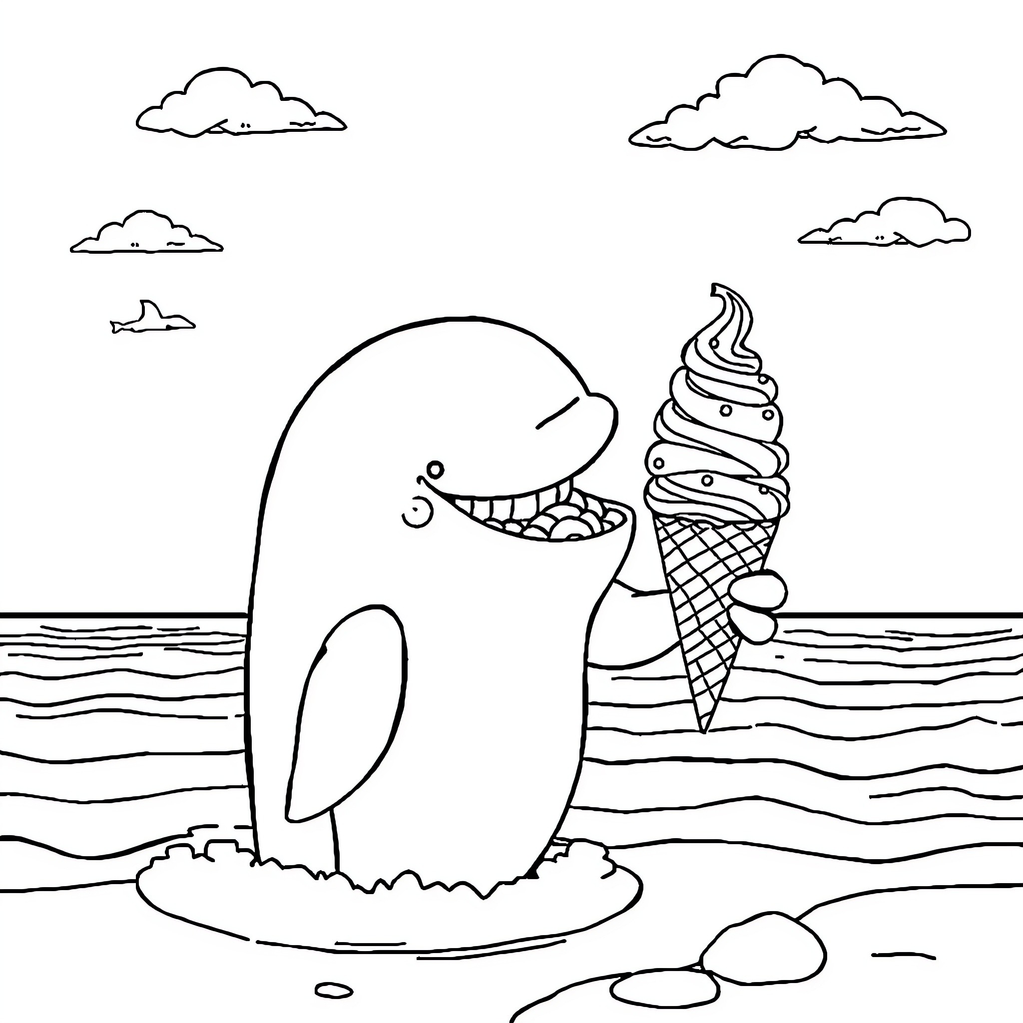 Whale enjoying an ice cream cone on the beach Coloring Page (free black-and-white line drawing printable PDF for all, from beginners to advanced learners, including children, teens, adults, and seniors)