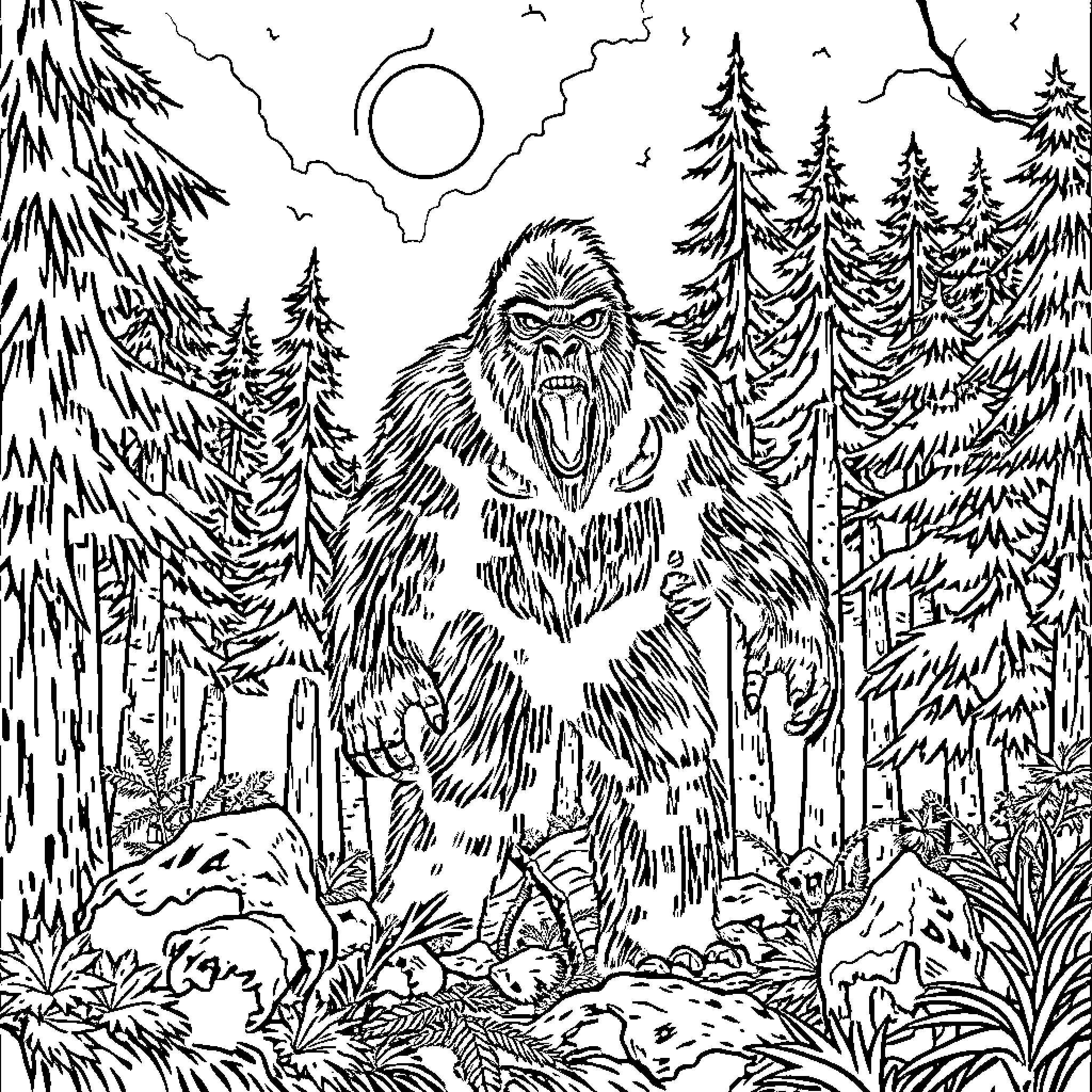 Cryptid creature roaming through the mysterious forest Coloring Page (free black-and-white line drawing printable PDF for all, from beginners to advanced learners, including children, teens, adults, and seniors)