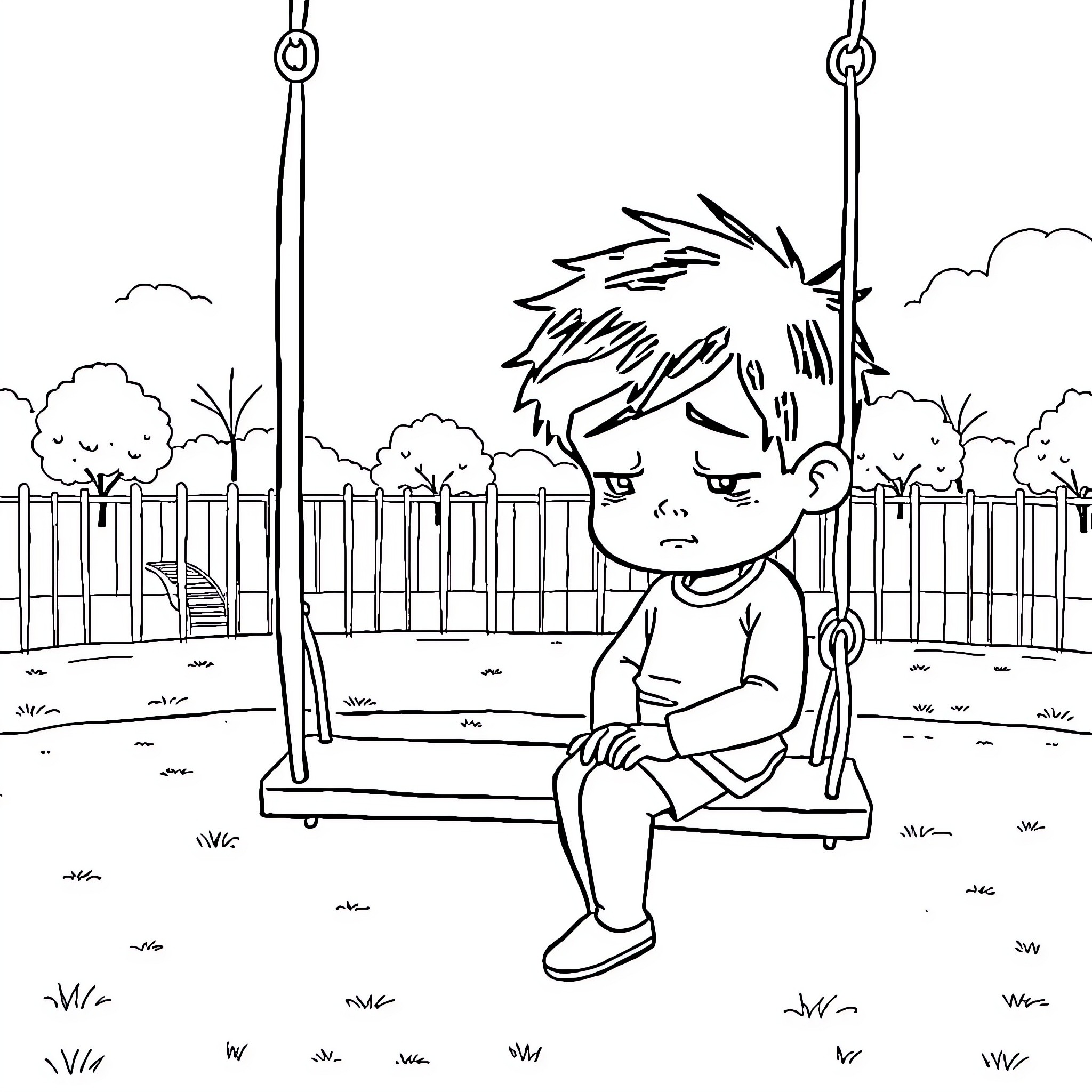Child sitting alone on a playground swing Coloring Page (free black-and-white line drawing printable PDF for all, from beginners to advanced learners, including children, teens, adults, and seniors)