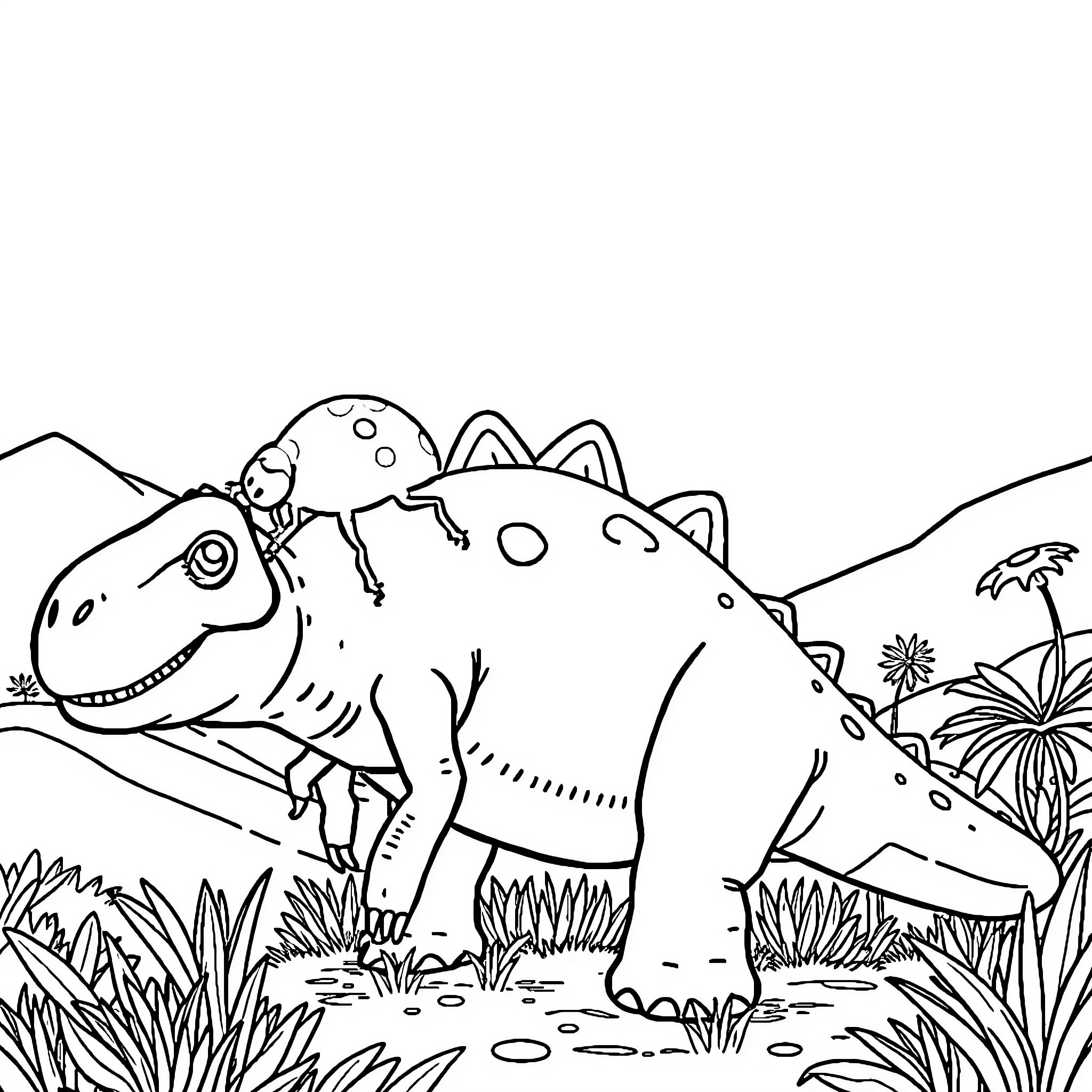 Ladybug exploring a prehistoric landscape Coloring Page (free black-and-white line drawing printable PDF for all, from beginners to advanced learners, including children, teens, adults, and seniors)