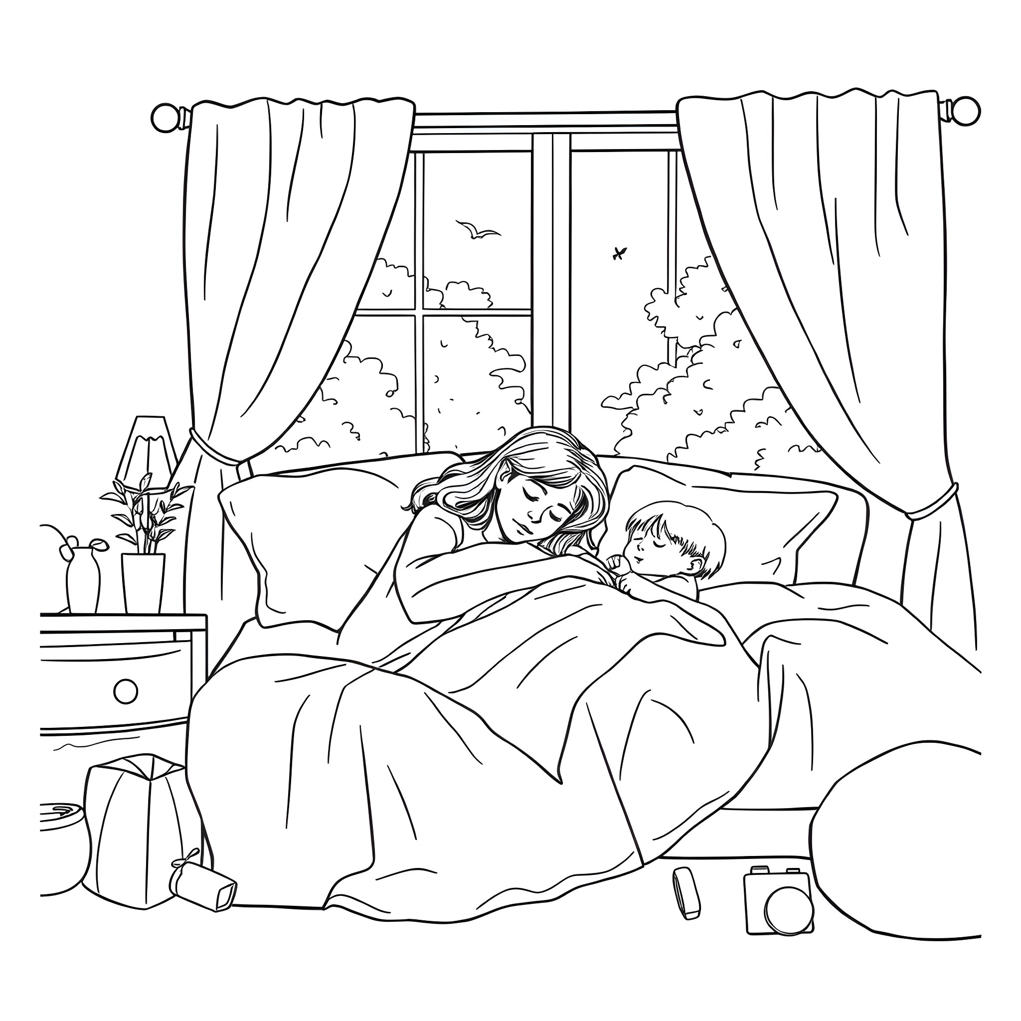 Mom and child sleeping peacefully in bedroom Coloring Page (free black-and-white line drawing printable PDF for all, from beginners to advanced learners, including children, teens, adults, and seniors)