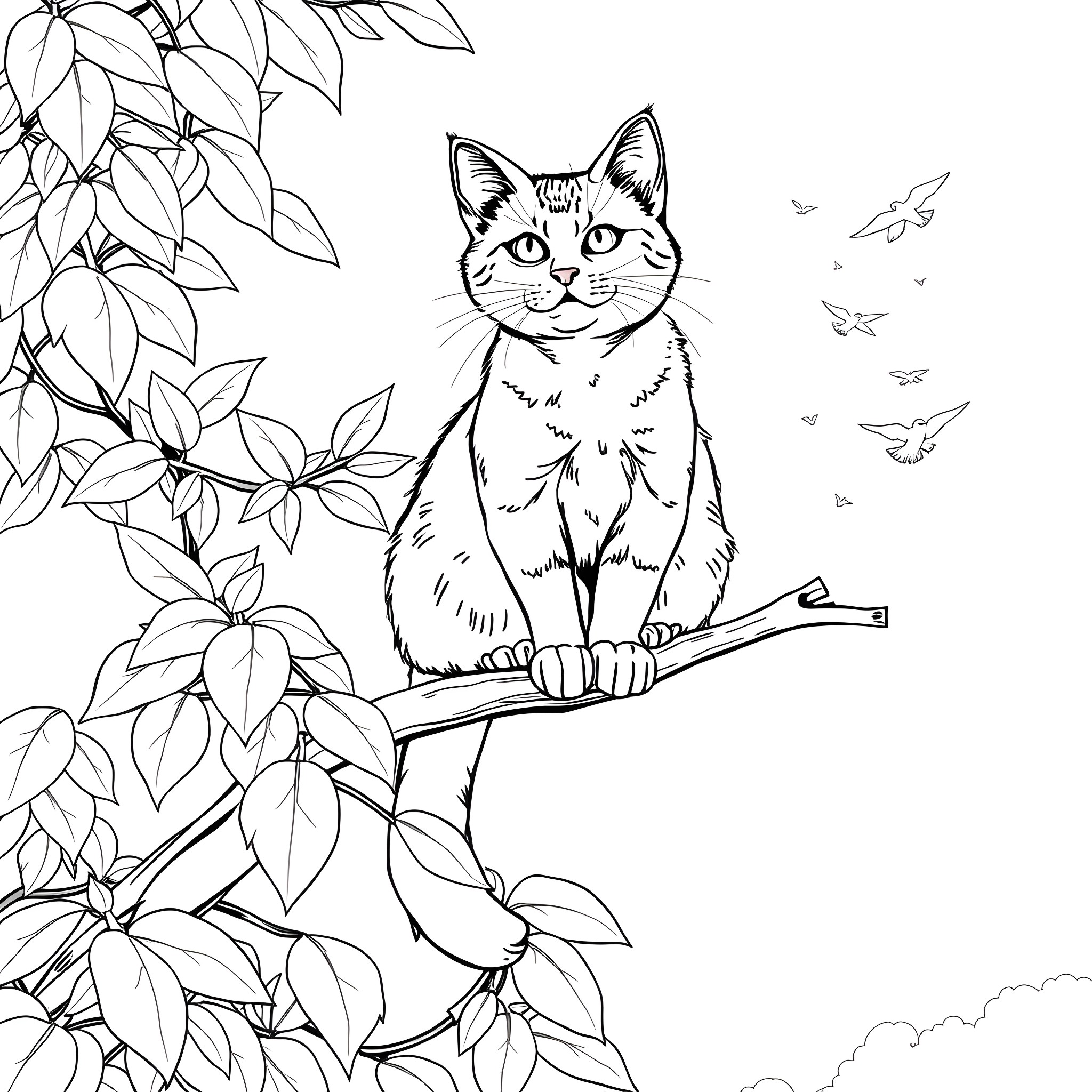 Cat perching on a branch surrounded by leaves Coloring Page (free black-and-white line drawing printable PDF for all, from beginners to advanced learners, including children, teens, adults, and seniors)