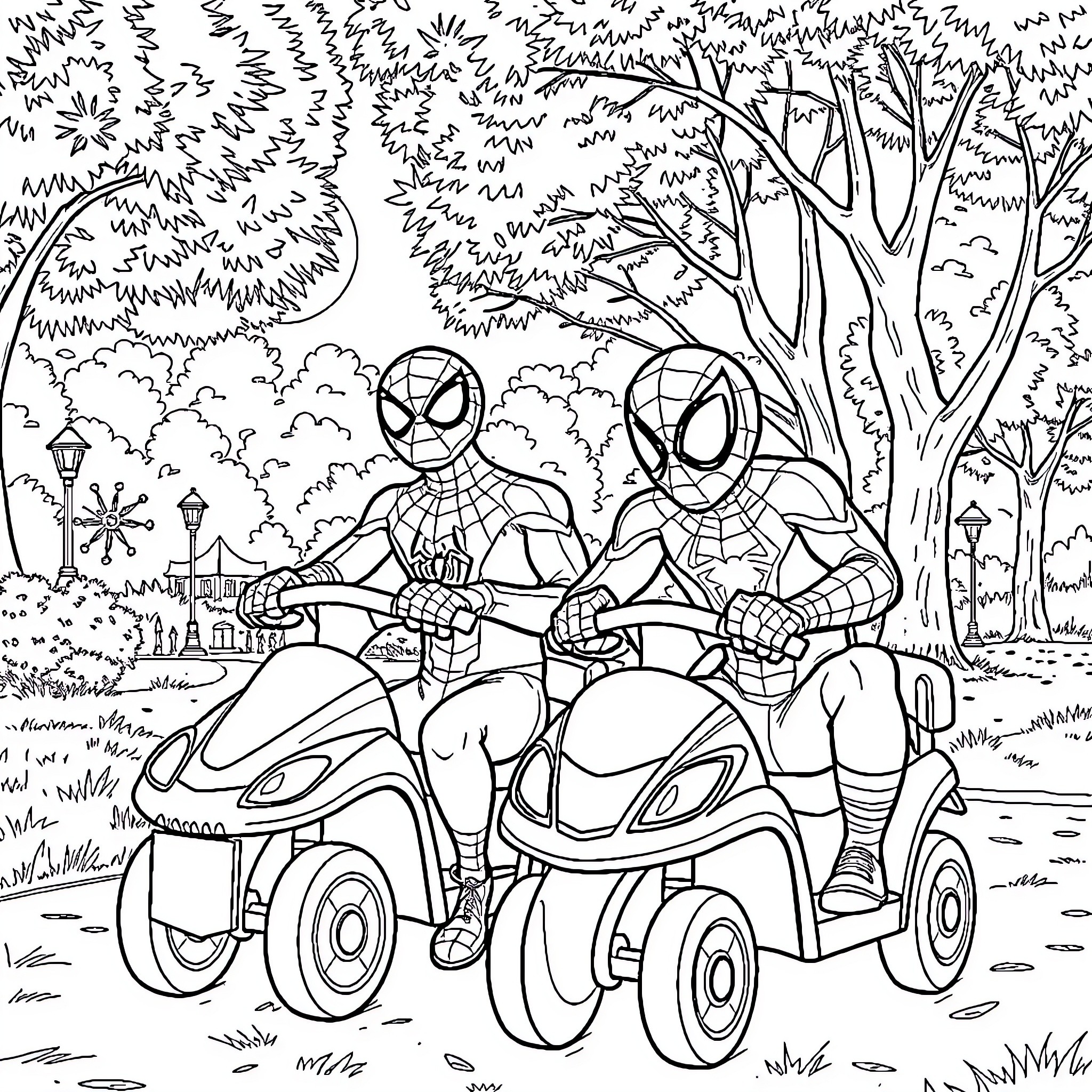 Spiderman enjoying a ride on quad bikes in the forest Coloring Page (free black-and-white line drawing printable PDF for all, from beginners to advanced learners, including children, teens, adults, and seniors)