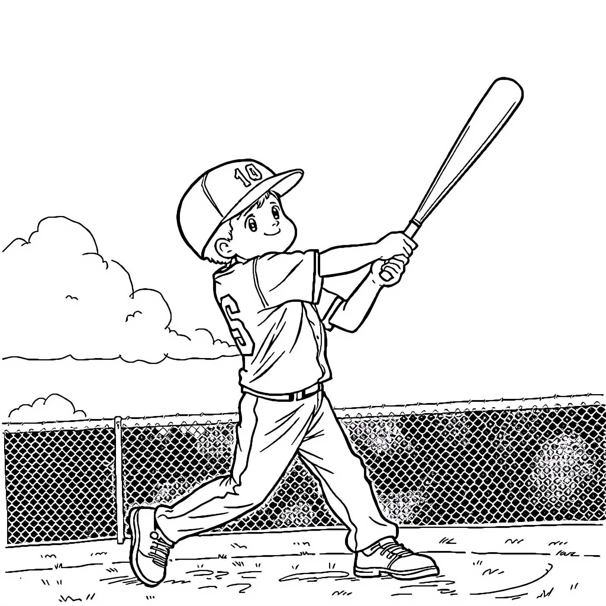 Boy playing baseball with enthusiasm on the field Coloring Page (free black-and-white line drawing printable PDF for all, from beginners to advanced learners, including children, teens, adults, and seniors)