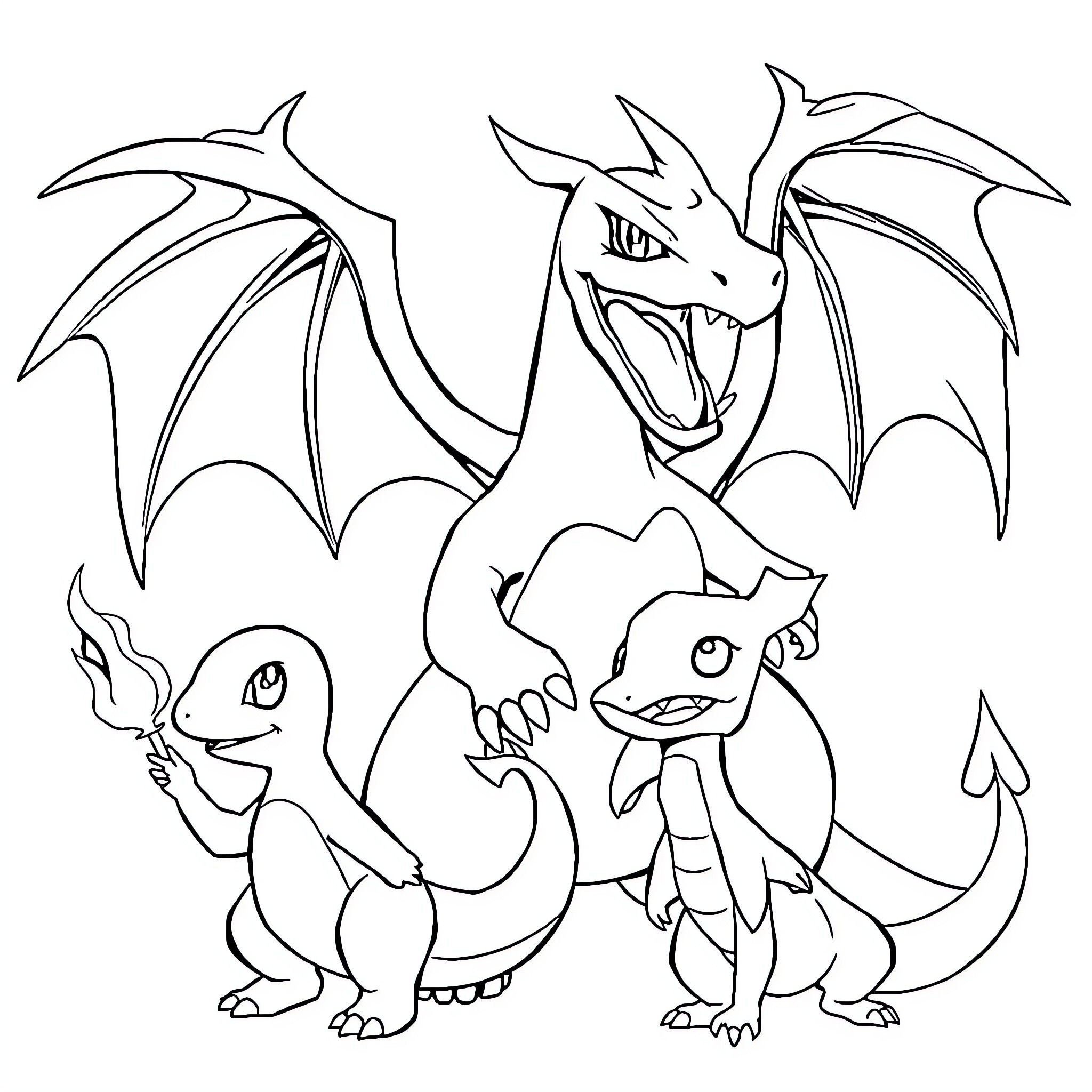 Charmander and friends enjoying an adventure Coloring Page (free black-and-white line drawing printable PDF for all, from beginners to advanced learners, including children, teens, adults, and seniors)