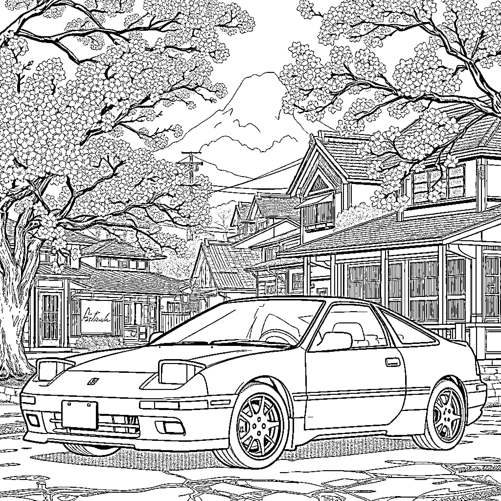 Car in a Scenic Japanese Village Coloring Page (free black-and-white line drawing printable PDF for all, from beginners to advanced learners, including children, teens, adults, and seniors)