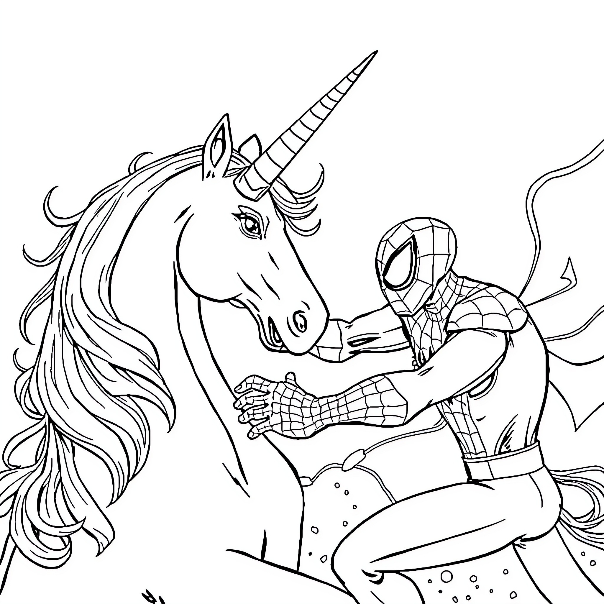Unicorn and superhero in whimsical encounter Coloring Page (free black-and-white line drawing printable PDF for all, from beginners to advanced learners, including children, teens, adults, and seniors)