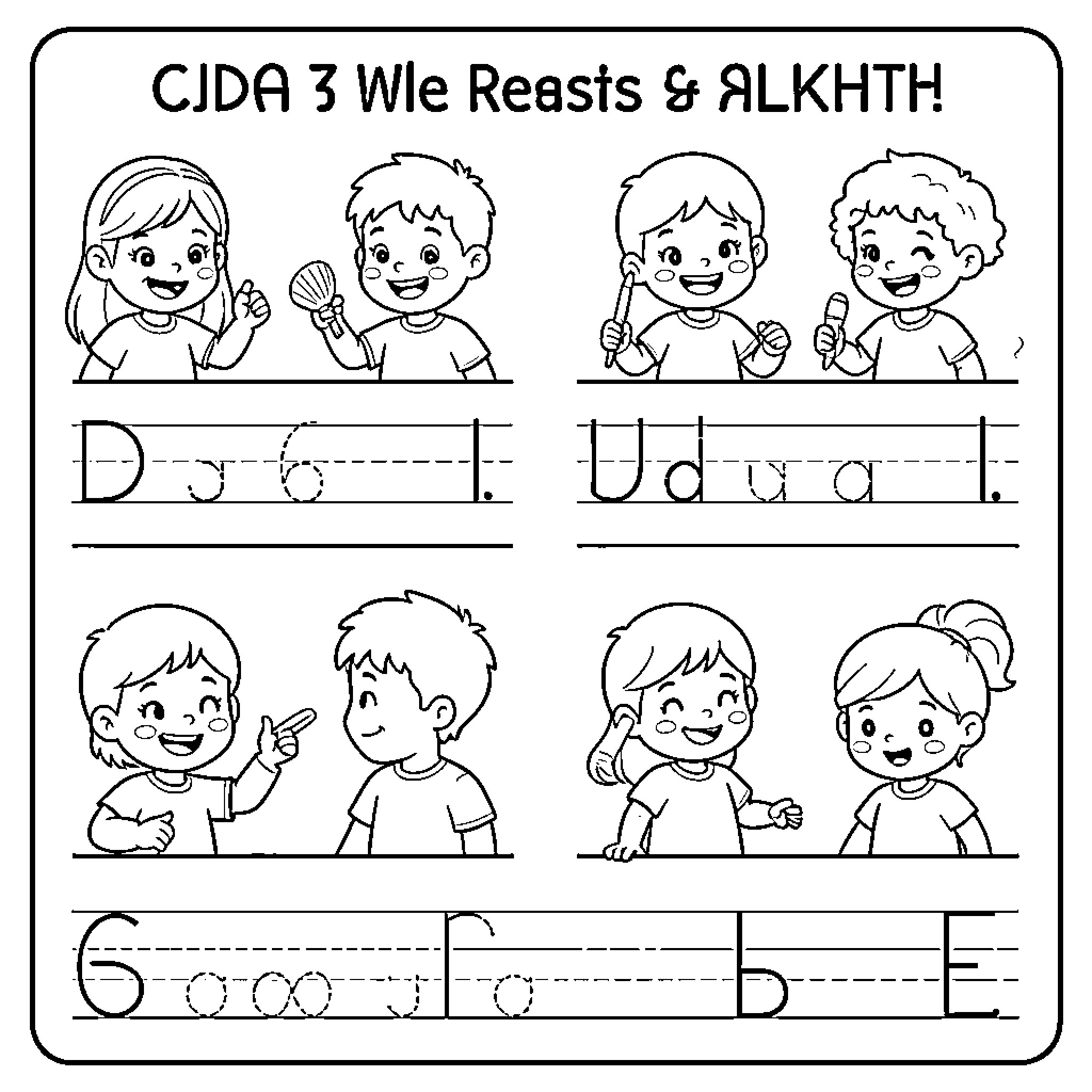 Writing activities showing children performing various daily actions Coloring Page (free black-and-white line drawing printable PDF for all, from beginners to advanced learners, including children, teens, adults, and seniors)