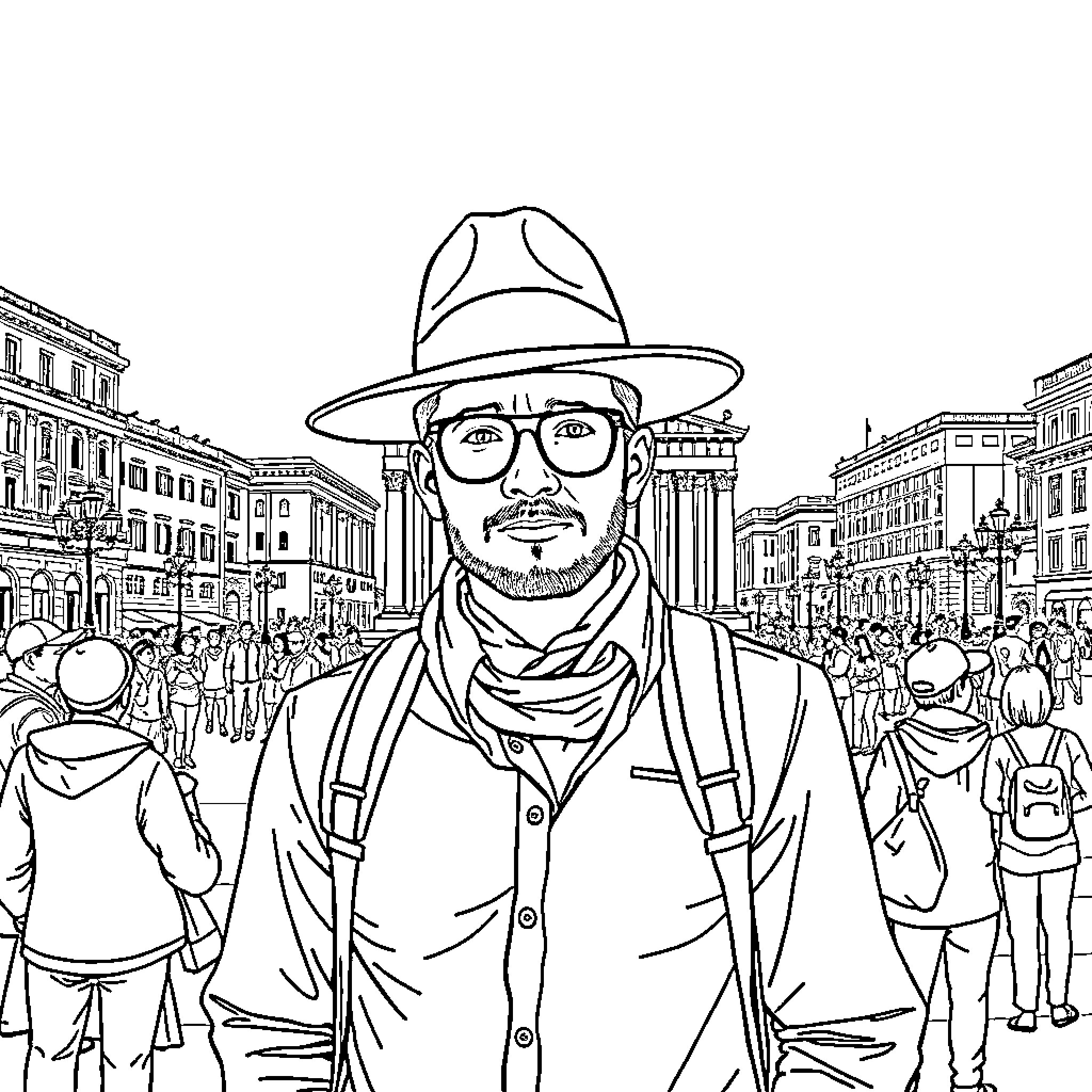 Man in hat and glasses explores bustling city street Coloring Page (free black-and-white line drawing printable PDF for all, from beginners to advanced learners, including children, teens, adults, and seniors)
