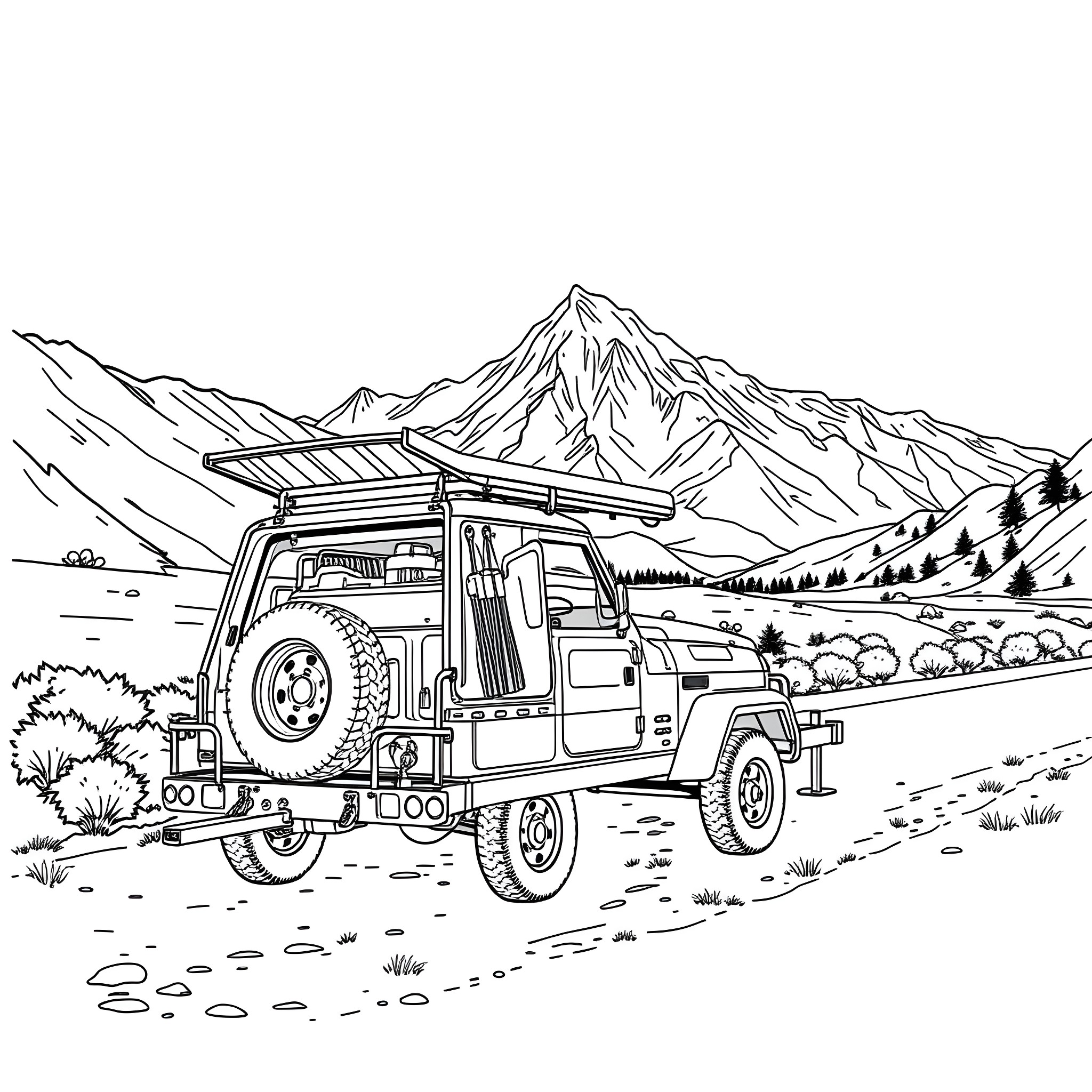 Car Trailer Adventuring in the Mountain Landscape Coloring Page (free black-and-white line drawing printable PDF for all, from beginners to advanced learners, including children, teens, adults, and seniors)