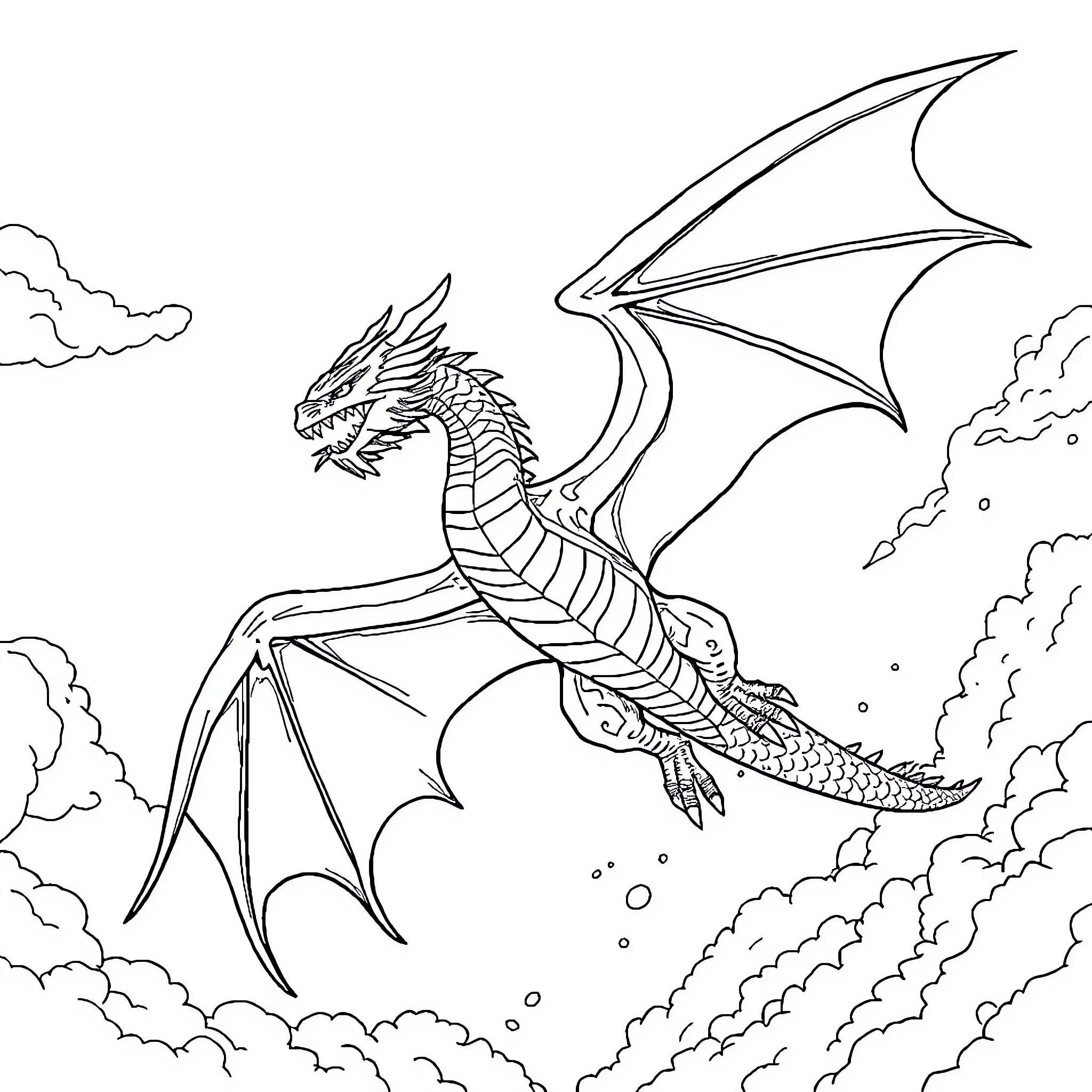 Dragon soaring through the cloudy skies Coloring Page (free black-and-white line drawing printable PDF for all, from beginners to advanced learners, including children, teens, adults, and seniors)