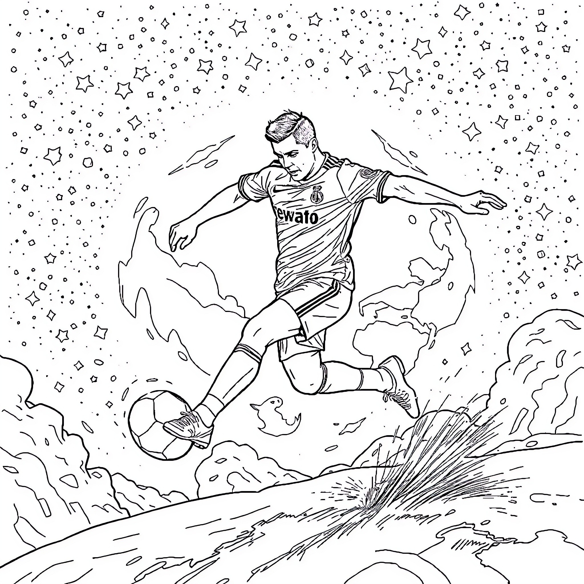 Cristiano Ronaldo soaring through the cosmos Coloring Page (free black-and-white line drawing printable PDF for all, from beginners to advanced learners, including children, teens, adults, and seniors)