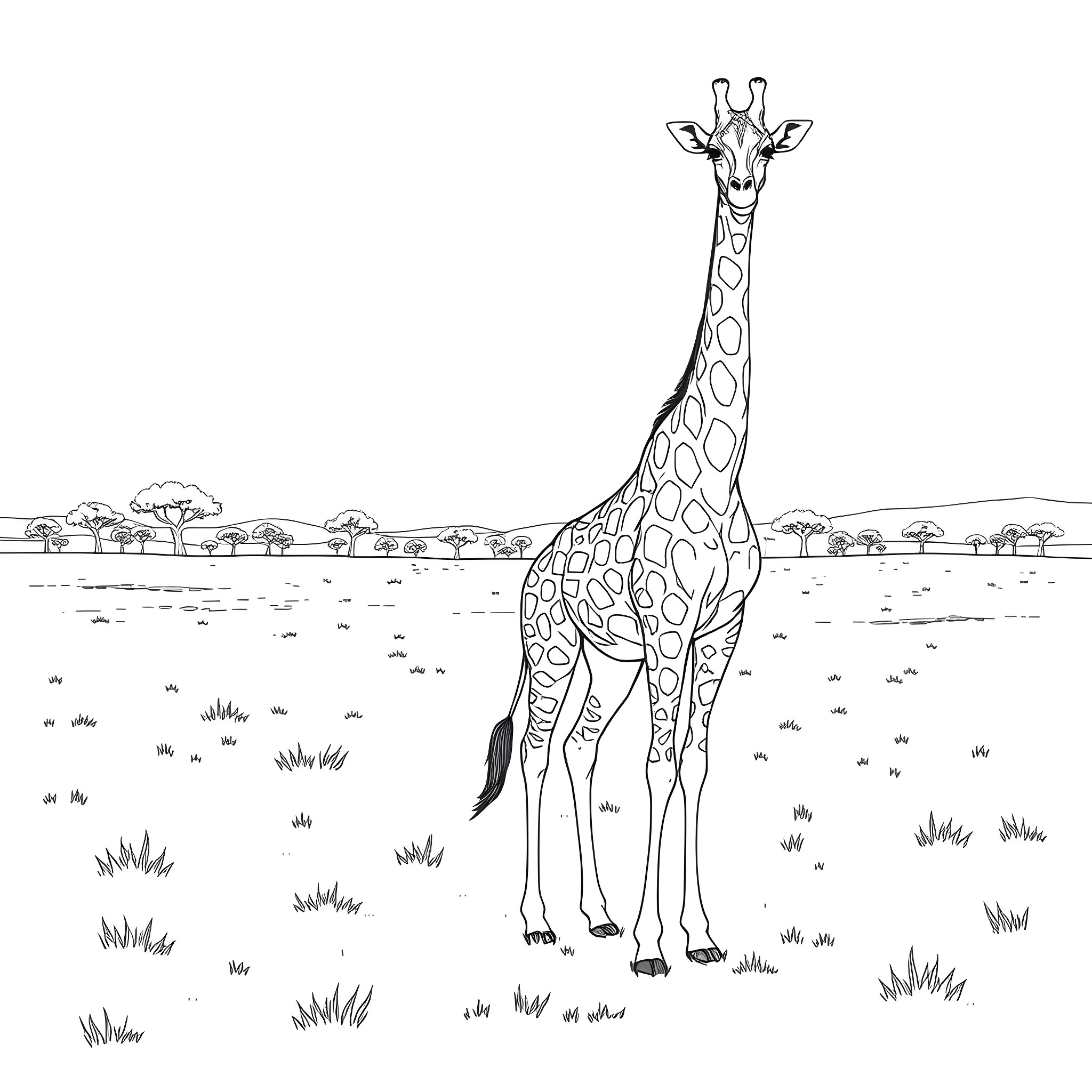 Giraffe standing tall in the savanna Coloring Page (free black-and-white line drawing printable PDF for all, from beginners to advanced learners, including children, teens, adults, and seniors)