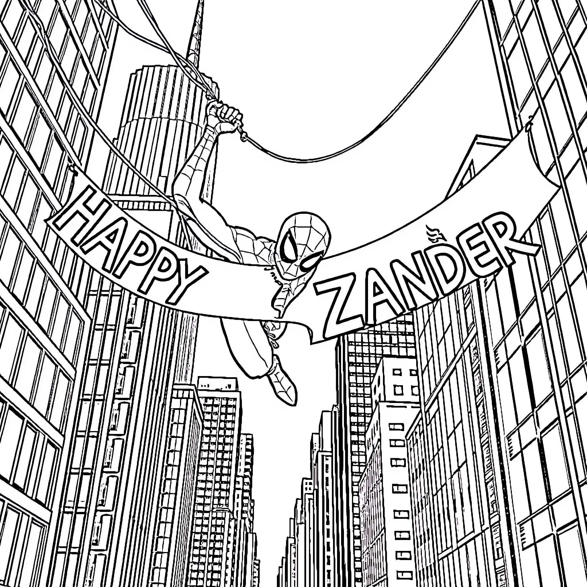 Spiderman swinging through New York City Coloring Page (free black-and-white line drawing printable PDF for all, from beginners to advanced learners, including children, teens, adults, and seniors)
