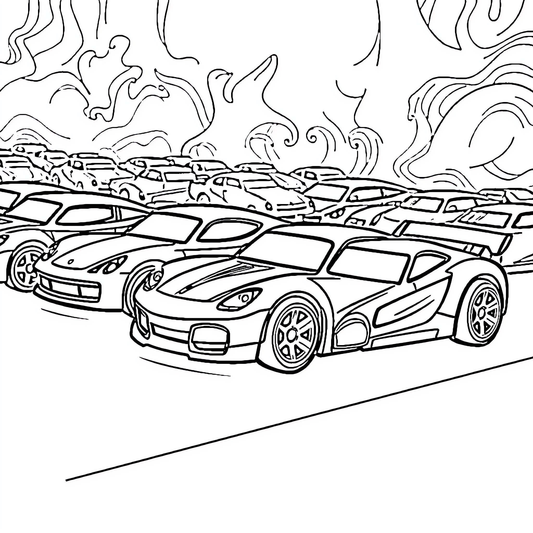 Hot Wheels racing action on the track Coloring Page (free black-and-white line drawing printable PDF for all, from beginners to advanced learners, including children, teens, adults, and seniors)