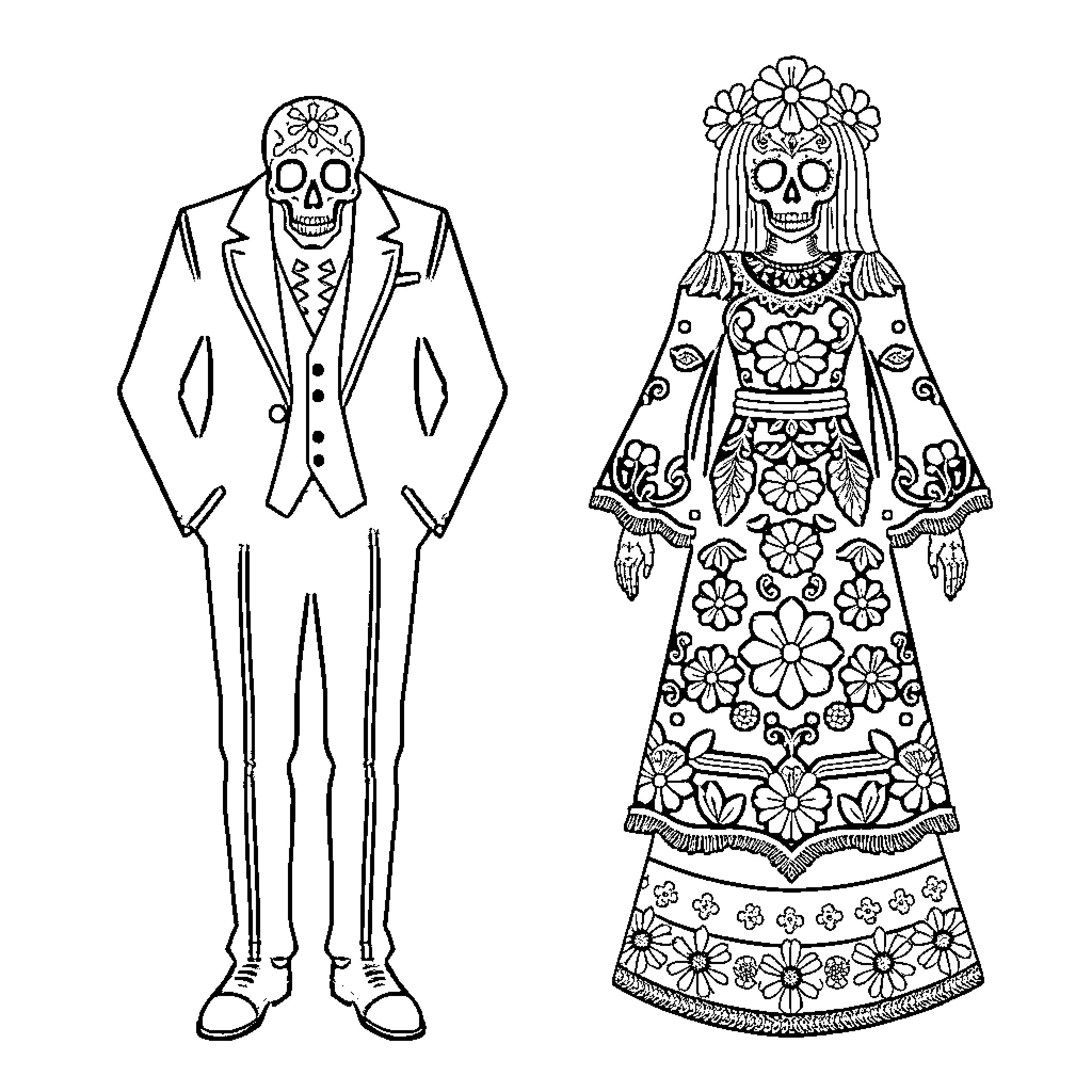 Day of the Dead Celebrations: Ornate Costumes and Skull Motifs Coloring Page (free black-and-white line drawing printable PDF for all, from beginners to advanced learners, including children, teens, adults, and seniors)