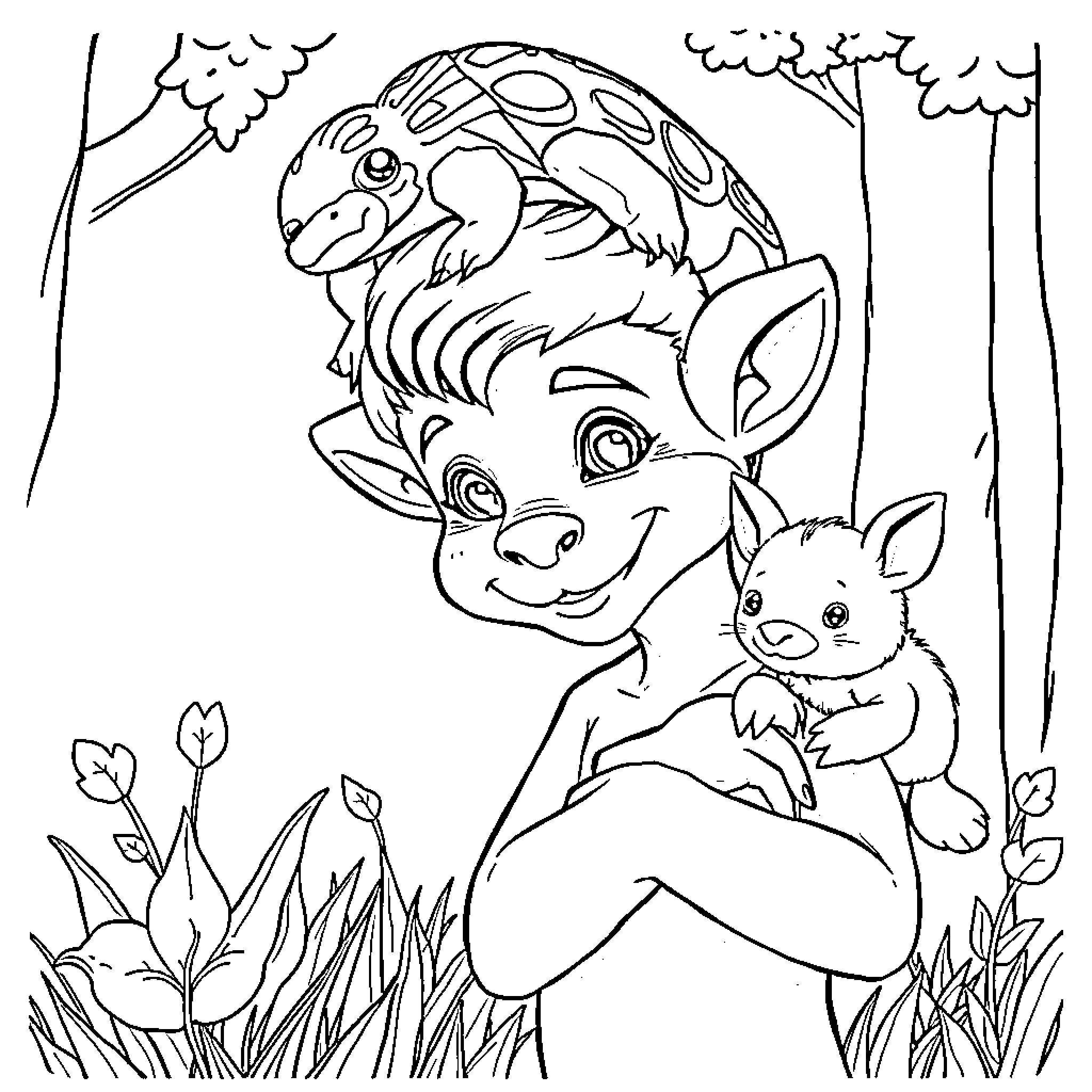 Boy playing with adorable forest creatures Coloring Page (free black-and-white line drawing printable PDF for all, from beginners to advanced learners, including children, teens, adults, and seniors)