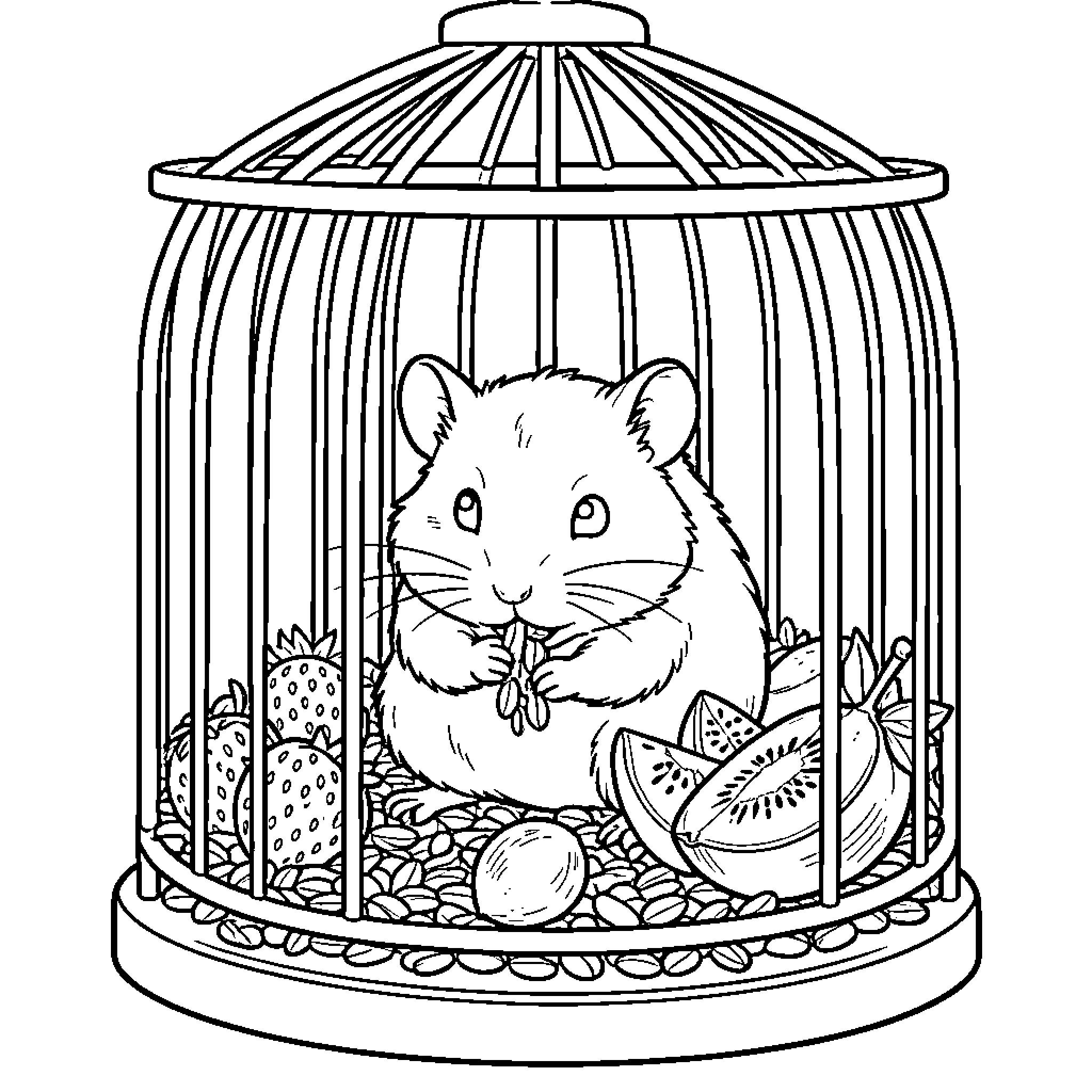 Hamster eating seeds and fruit inside a cage Coloring Page (free black-and-white line drawing printable PDF for all, from beginners to advanced learners, including children, teens, adults, and seniors)