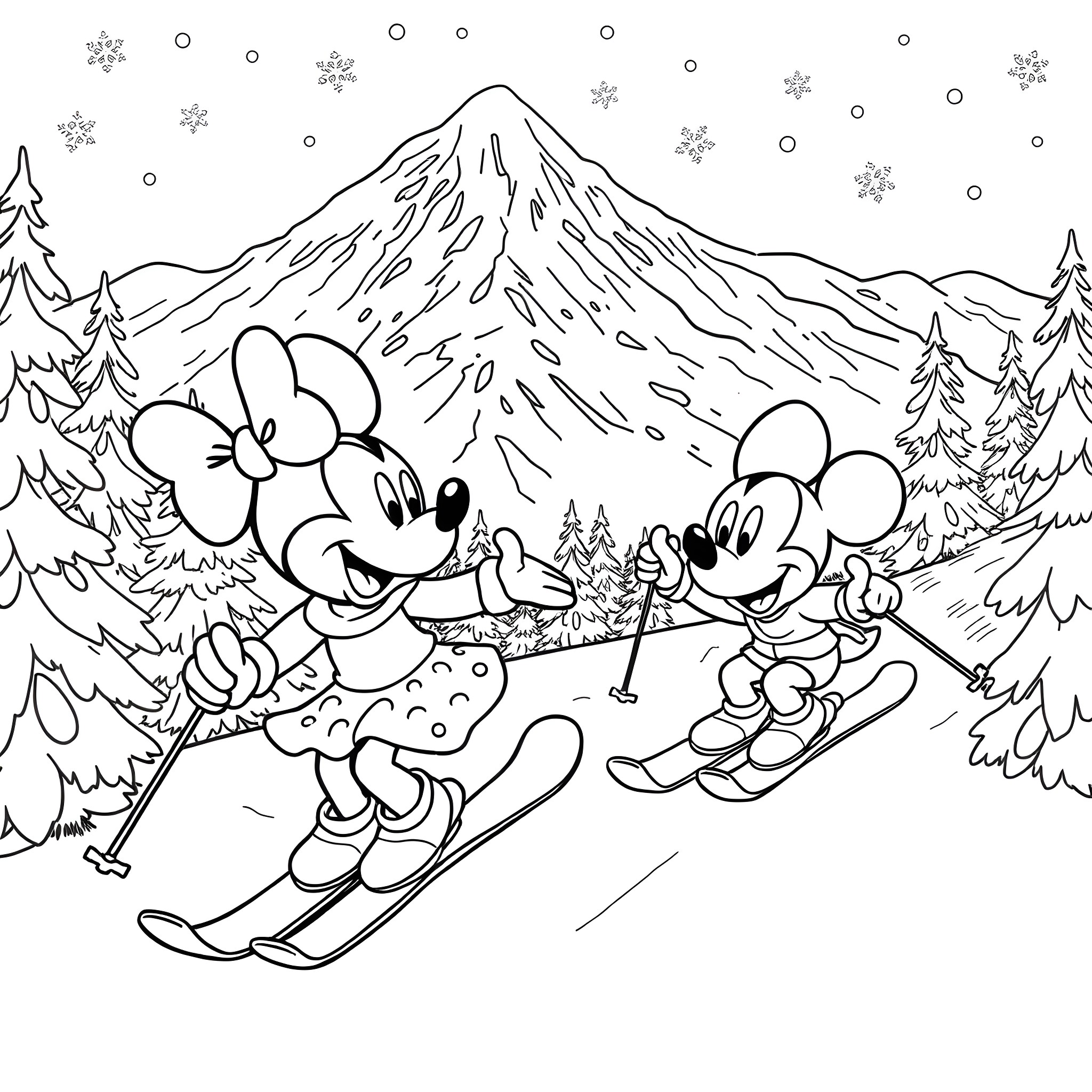 Mickey Mouse and Minnie Mouse Skiing in Snowy Mountains Coloring Page (free black-and-white line drawing printable PDF for all, from beginners to advanced learners, including children, teens, adults, and seniors)