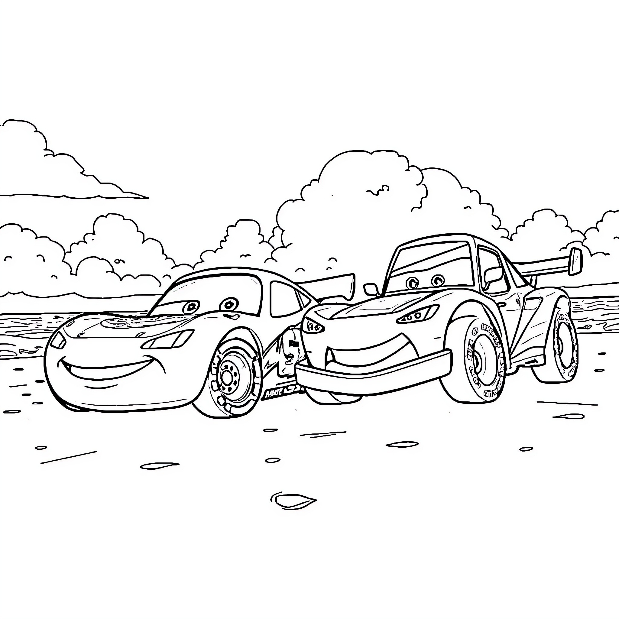Lightning McQueen and Tow Mater in an adventure Coloring Page (free black-and-white line drawing printable PDF for all, from beginners to advanced learners, including children, teens, adults, and seniors)