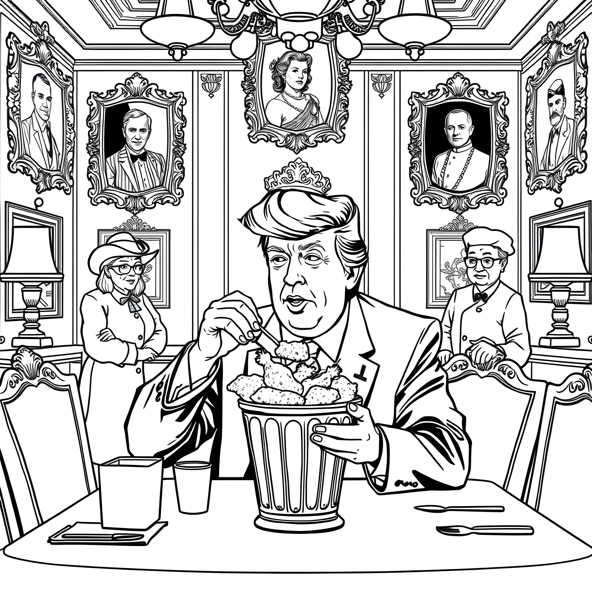 Donald Trump enjoying fast food in a lavish setting Coloring Page (free black-and-white line drawing printable PDF for all, from beginners to advanced learners, including children, teens, adults, and seniors)