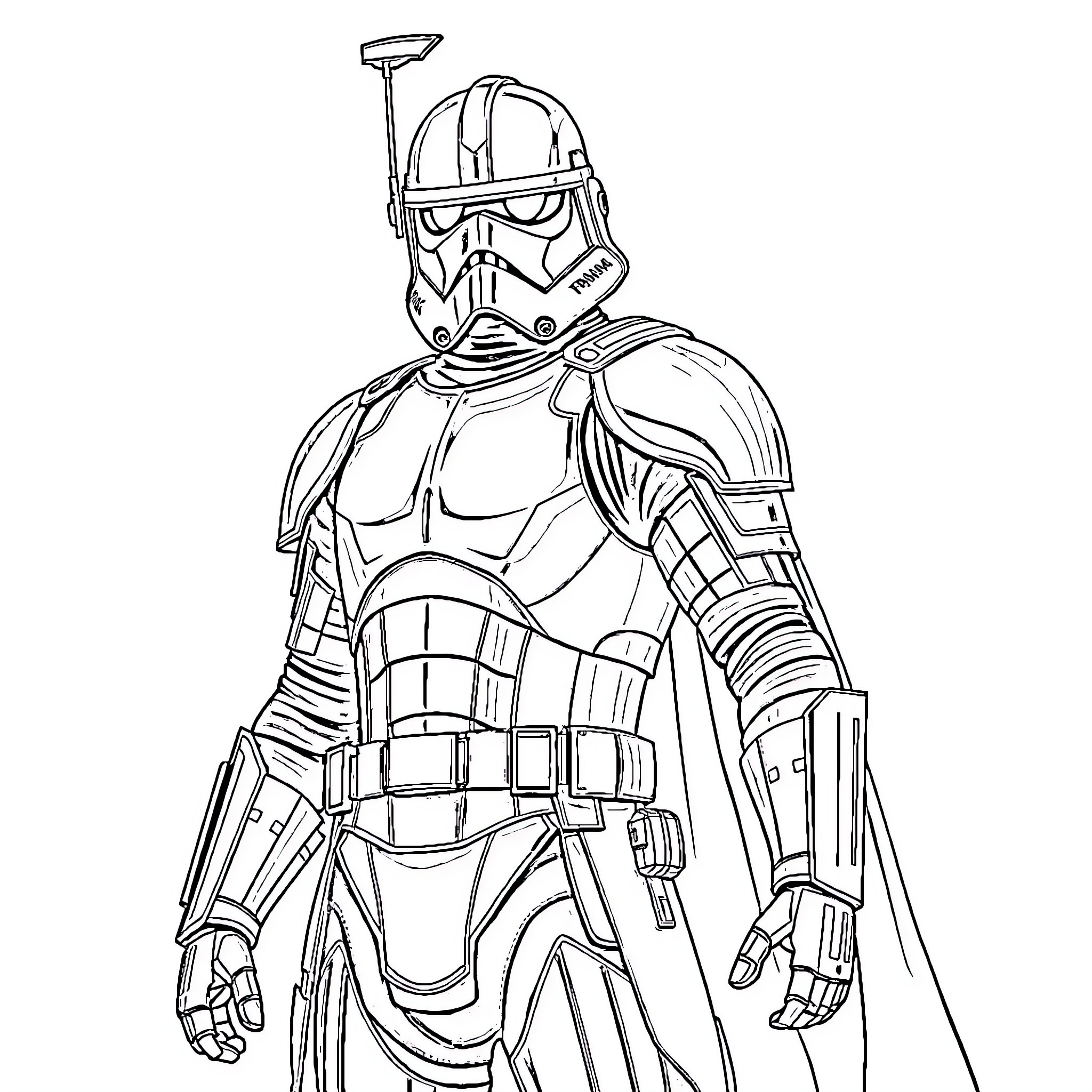 Capitaine Phasma in action pose with weaponry Coloring Page (free black-and-white line drawing printable PDF for all, from beginners to advanced learners, including children, teens, adults, and seniors)