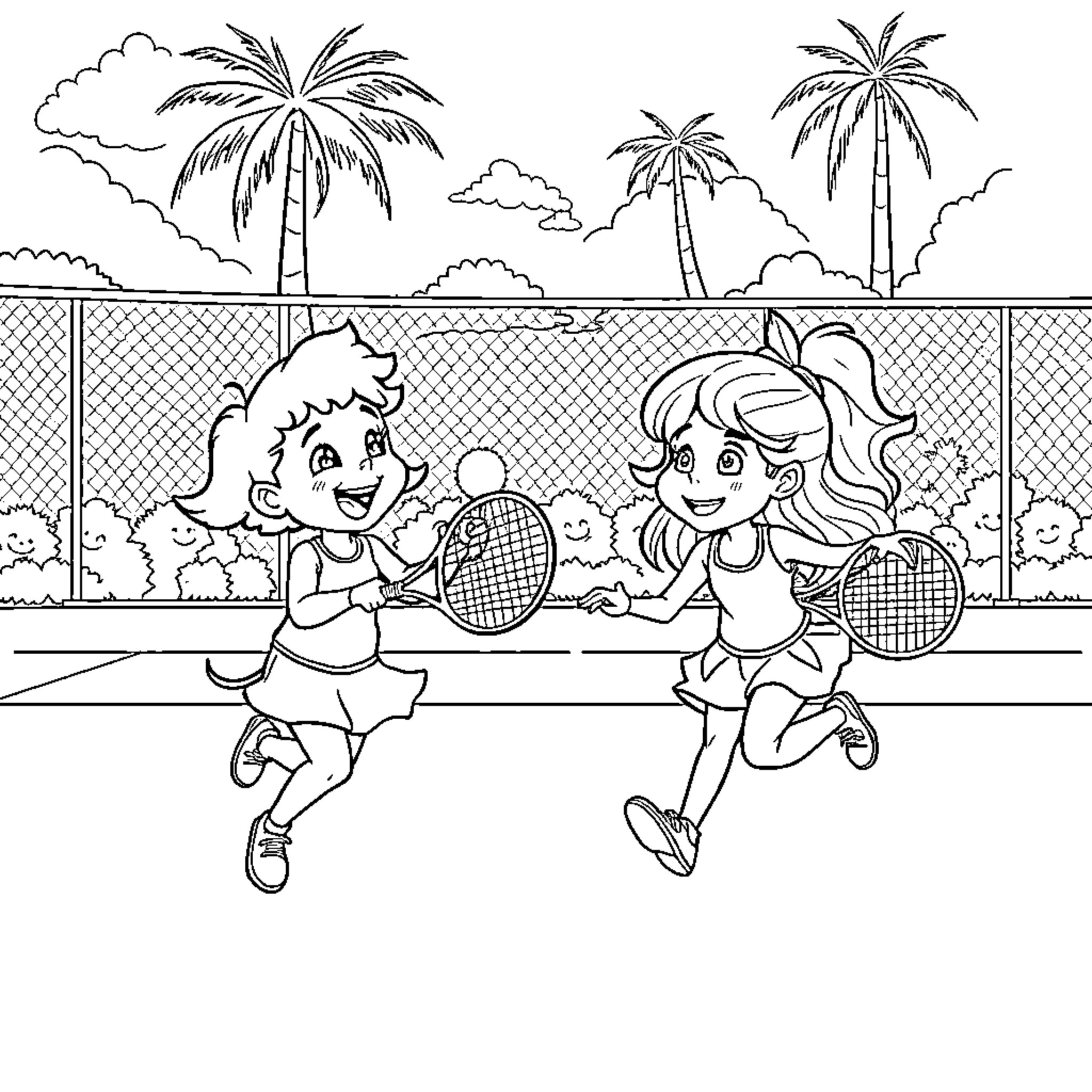 Tennis Players Enjoying a Match on the Beach Coloring Page (free black-and-white line drawing printable PDF for all, from beginners to advanced learners, including children, teens, adults, and seniors)